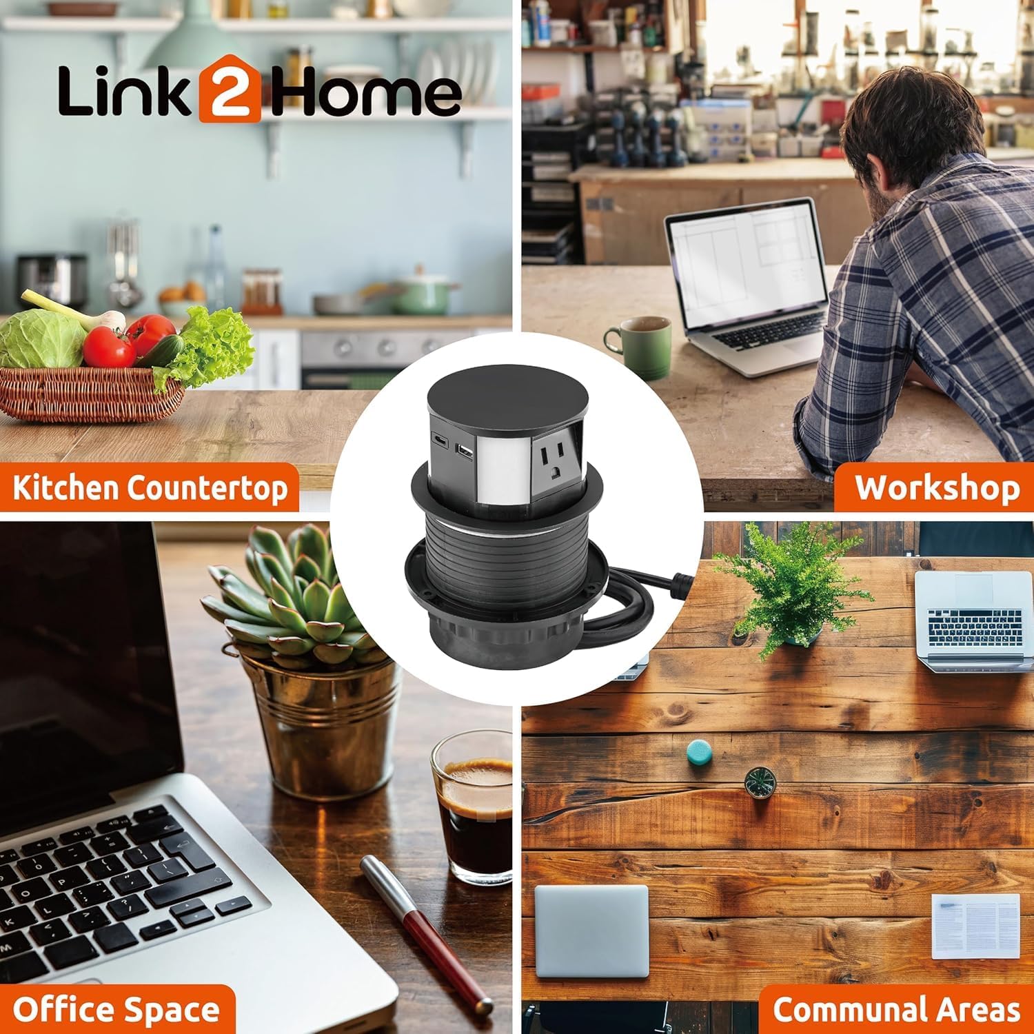 Link2Home 2 Pack Pop Up Outlet 10W Fast Induction Charger with Type-C USB, 3 Power Outlets 15A, 2 USB Ports 3.0A, Splash Resistant, Matt Black Finish, for Kitchen Counter Island, Office Table