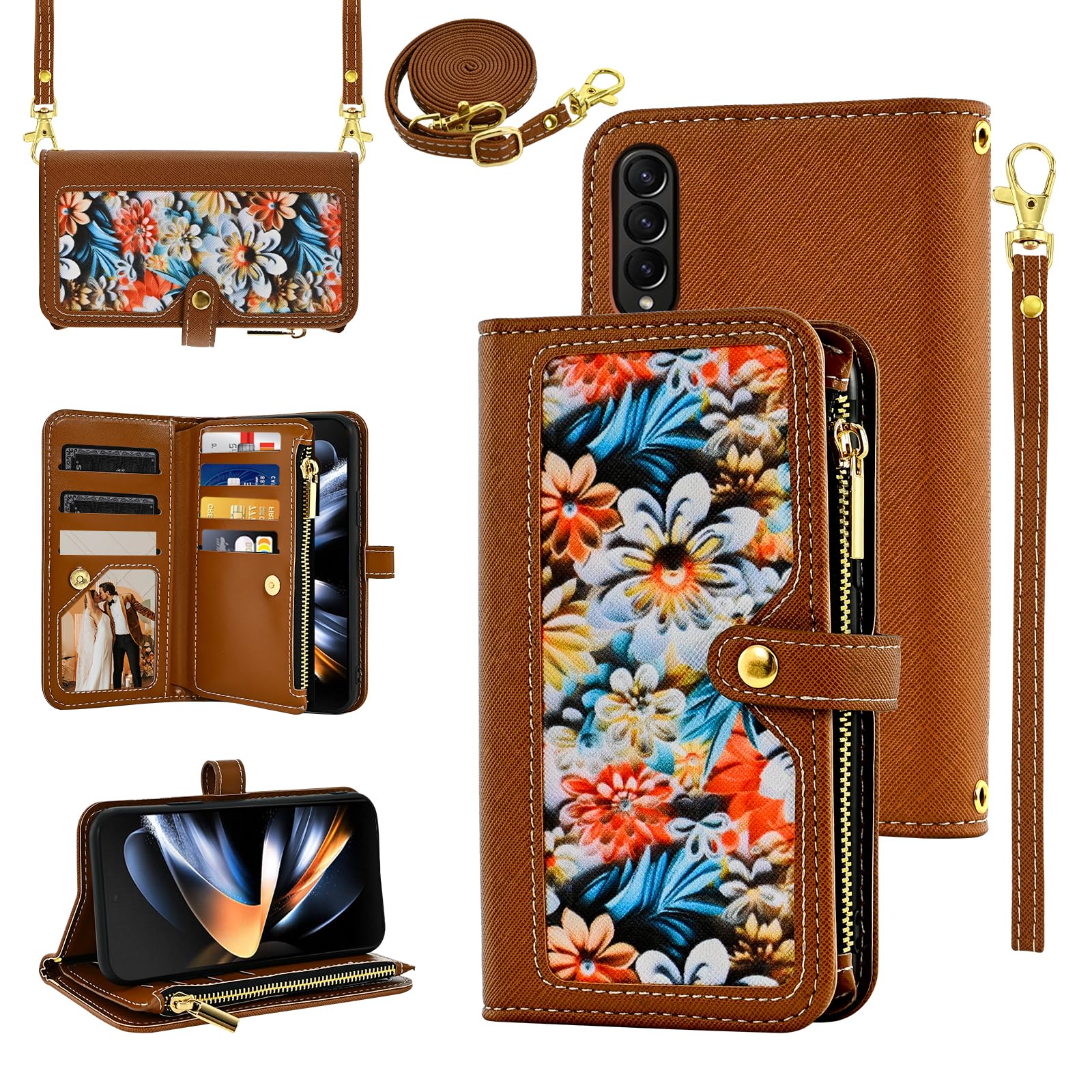 Furiet Floral Wallet Case for Samsung Galaxy Z Fold 3 5G 2021 with Wrist Strap Shoulder Strap Flip Zipper Purse, Luxury PU Leather Card Holder Stand