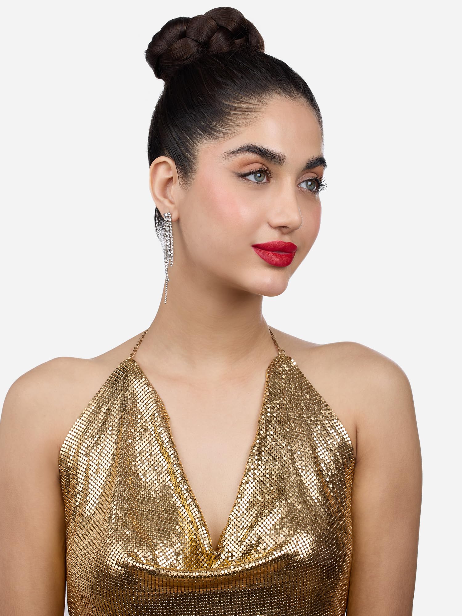 Austrian Diamonds & Metallic Mesh Grid Sequins Drop Earrings