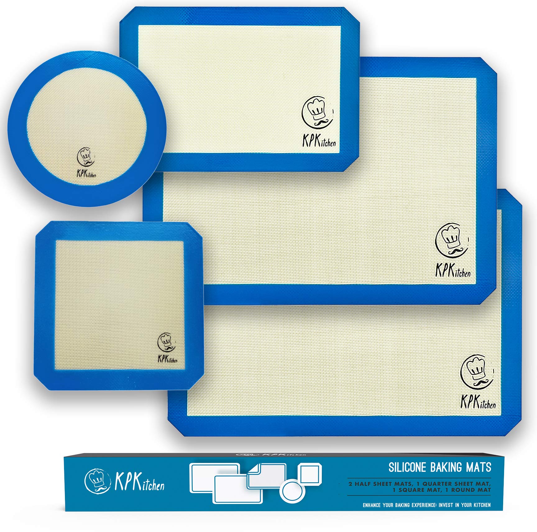 Silicone Baking Mat Set of 5-2 Half Sheets (Macaron & Cookie Circle On Mat) + 1 Quarter + 1 Round & 1 Square Size Silicone Baking Sheet - Nonstick & Easy to Clean - 100% Silicone Mats for Baking