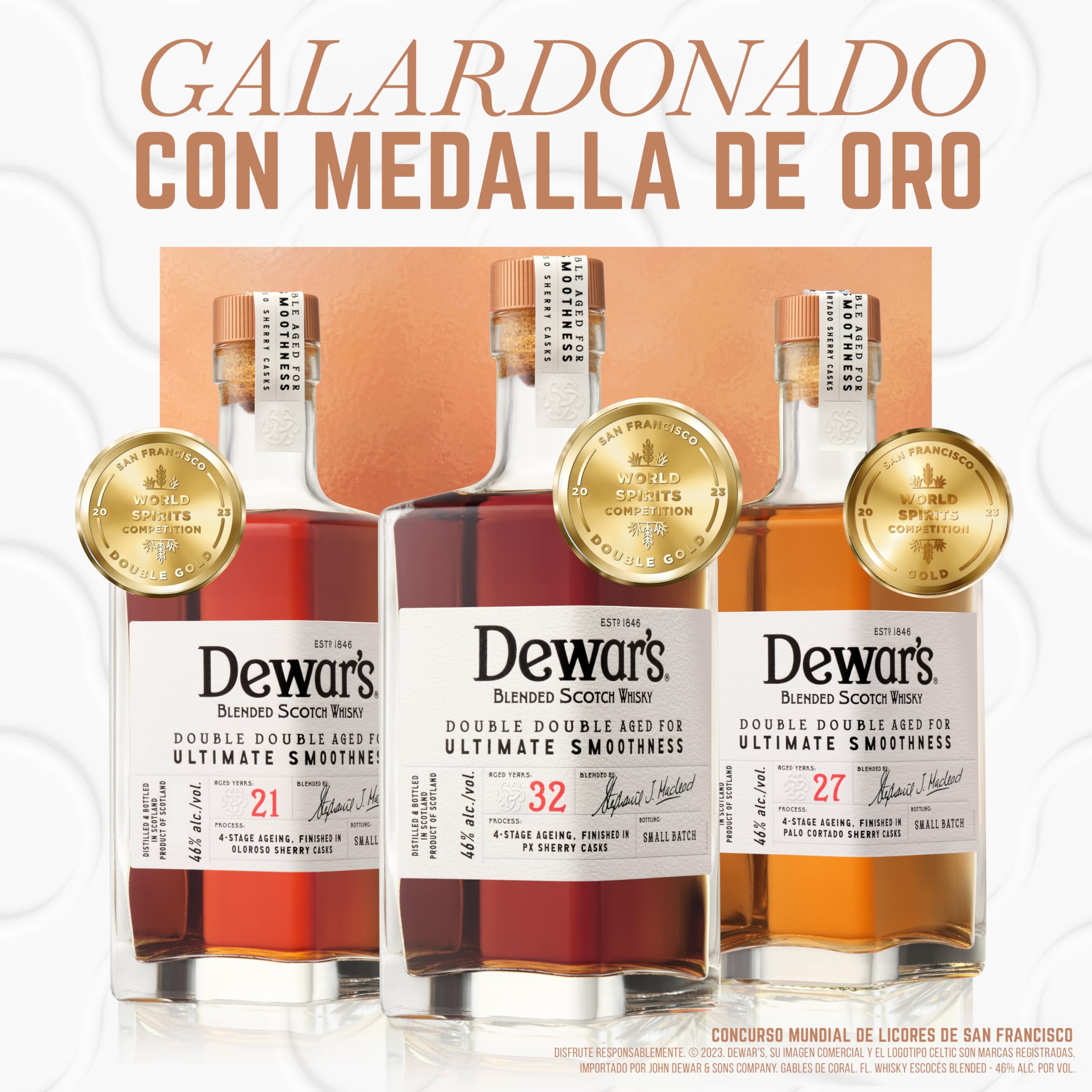 Dewar's Double Double 21 Year Old Blended Scotch Whisky, 46% ABV, 500ml, con Caja de Regalo, Acabado en Barricas de Jerez Oloroso, 50cl