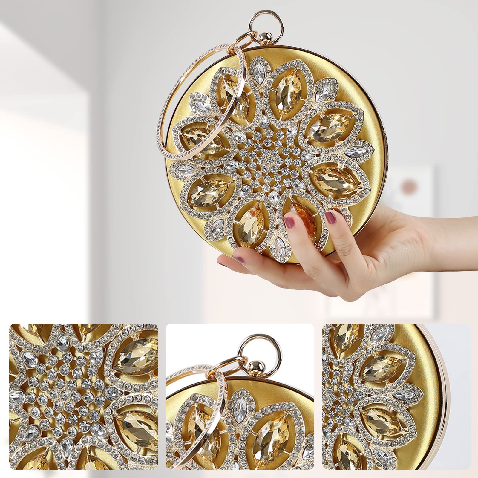Bolso de Fiesta para Mujer Diamantes de Imitación Clutch Redonda Cartera de Mano Bolsos Bandolera Elegante Bolso de Hombro Bolso de Noche para Fiesta de Graduación Boda Banquete Oro