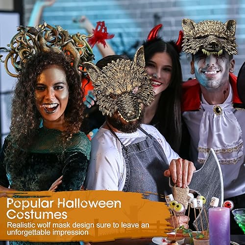 Miniatura 5 de Liliful 3 Pcs Wolf Mask Halloween Half Face Werewolf Mask Masquerade Animal Mask 3D Scary Wolf Costume for Men Adult Cosplay