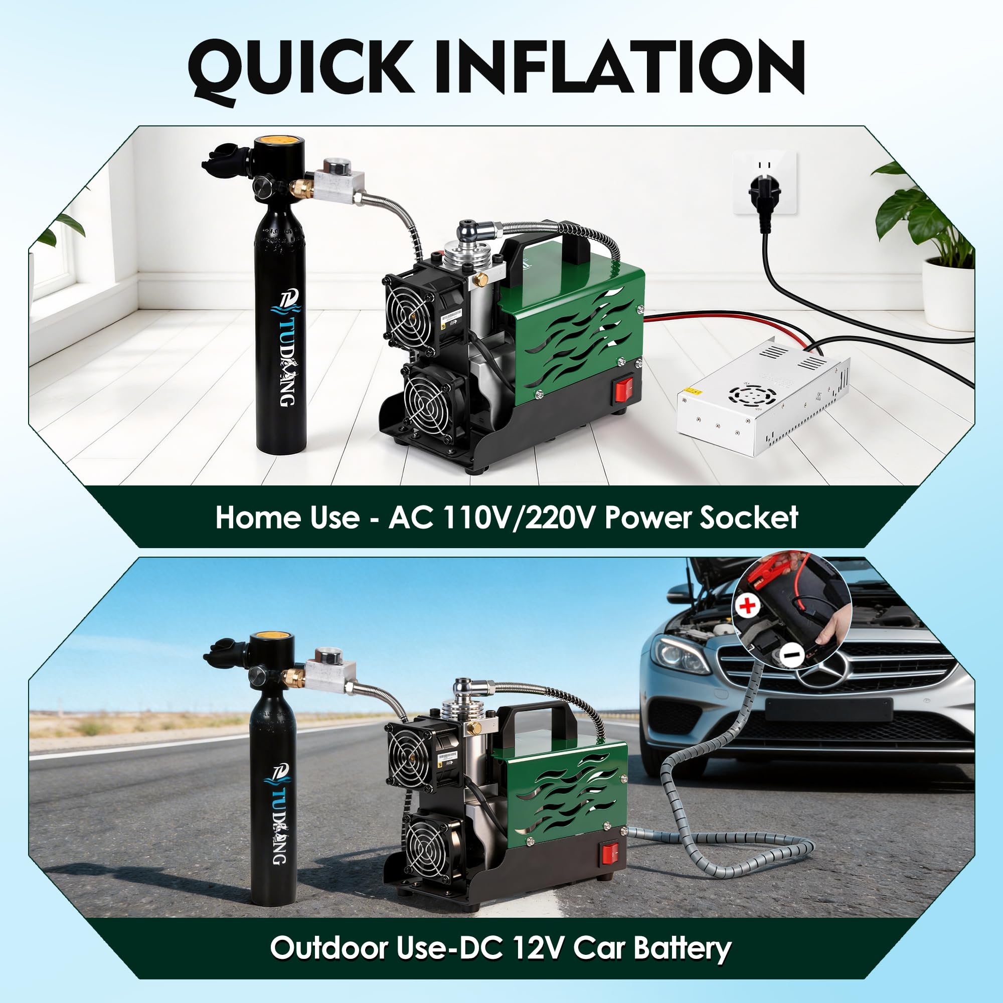 TUDIVING-4500Psi tragbarer PCP-Luftkompressor, Hochdruck-Autopumpe mit 12-V-Netzteil, Tauchflaschenkompressor für Tauchflaschen/PCP-Luftgewehr 220 V