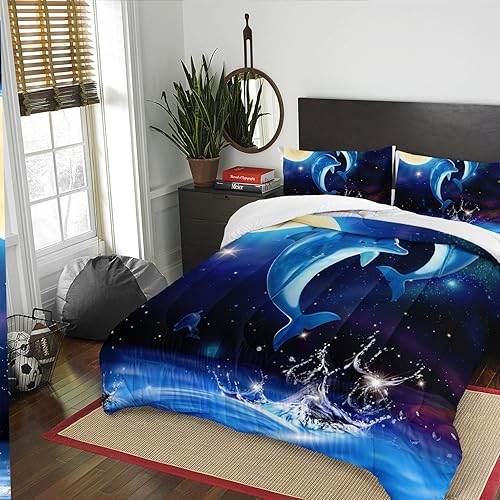Miniatura 2 de AILONEN Juego de edredón de delfín y océano, tamaño Queen, lindo delfín azul saltando y olas con luna y estrellas, juego de ropa de cama de 3 piezas