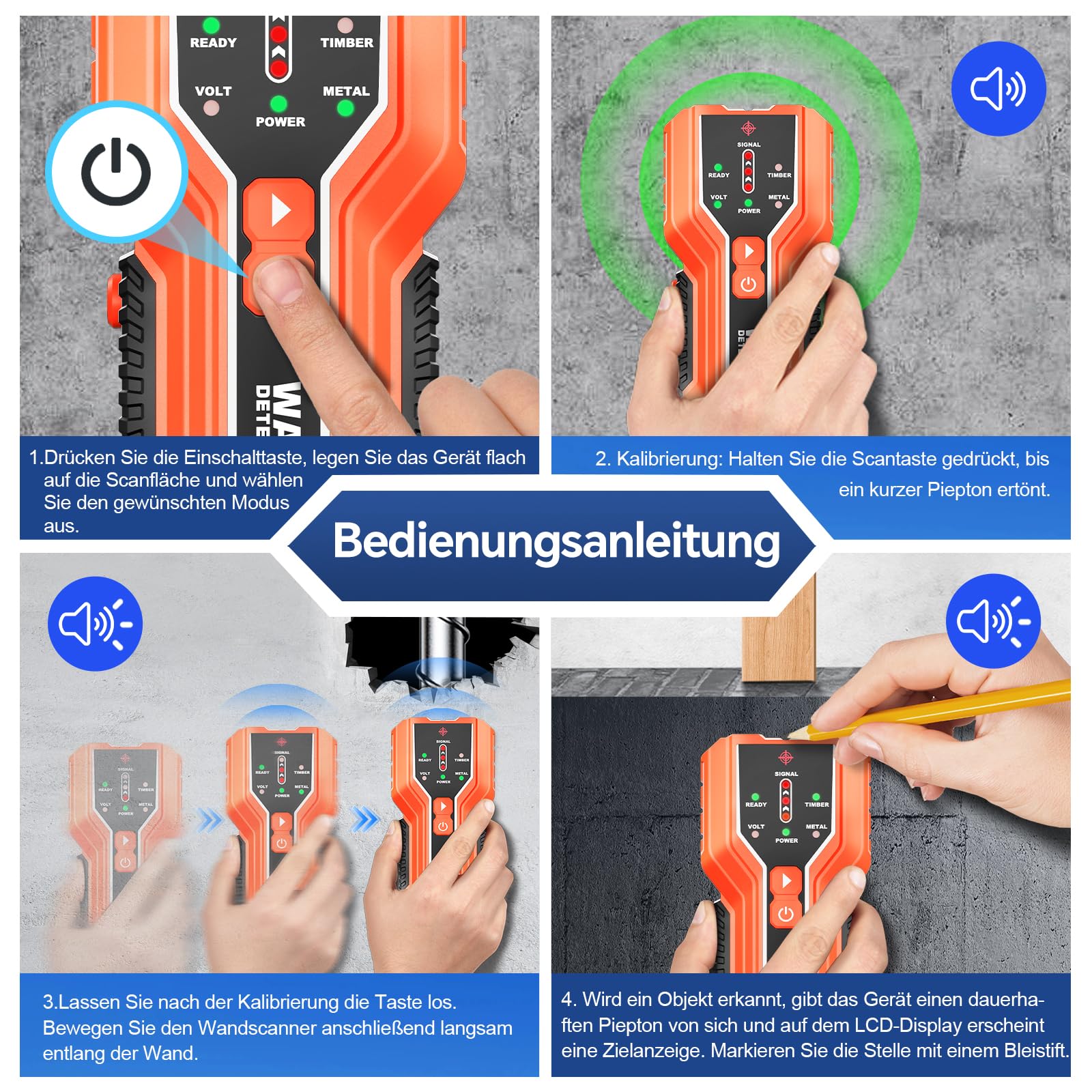 NOYAFA Wanddetektor, 3-in-1 Leitungssucher Ortungsgerät mit akustischer Warnung, Bolzensucher zur Erkennung von Holz, Metall, Rohren & stromführenden Leitungen – inkl. Batterie