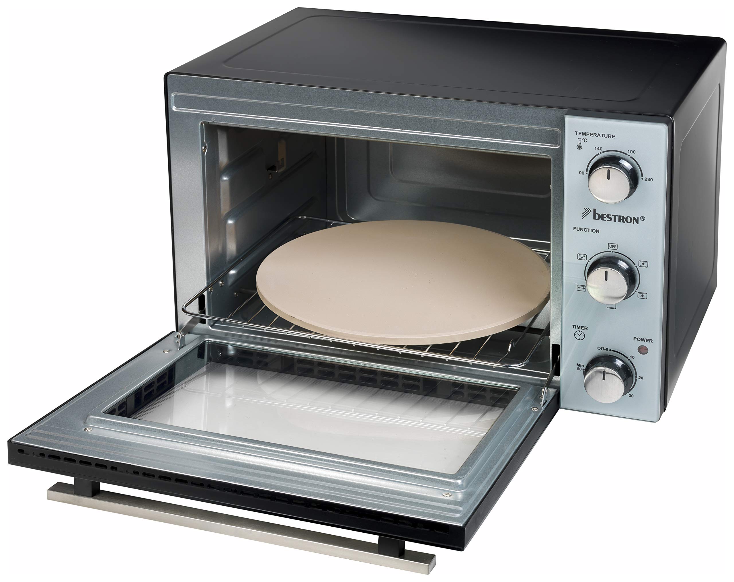 Bestron Mini Horno con Pincho Giratorio y Piedra para Pizza, 31 Litros, 1500 Vatios, Acero Inoxidable
