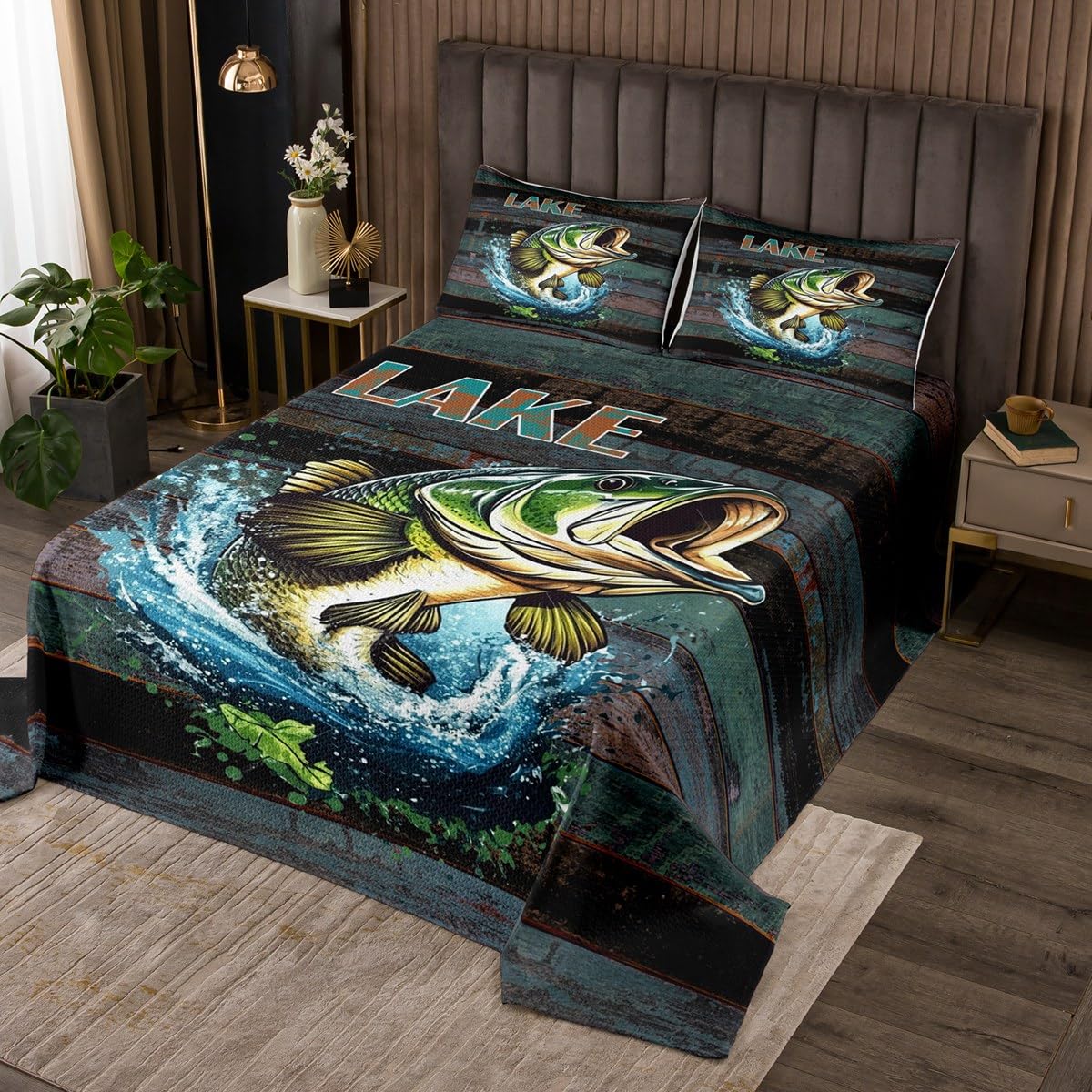 Loussiesd Set copriletto trapuntato per bambini con spigola e pesce, set copriletto king size per caccia e pesca, per ragazzi e ragazze, set rustico in legno