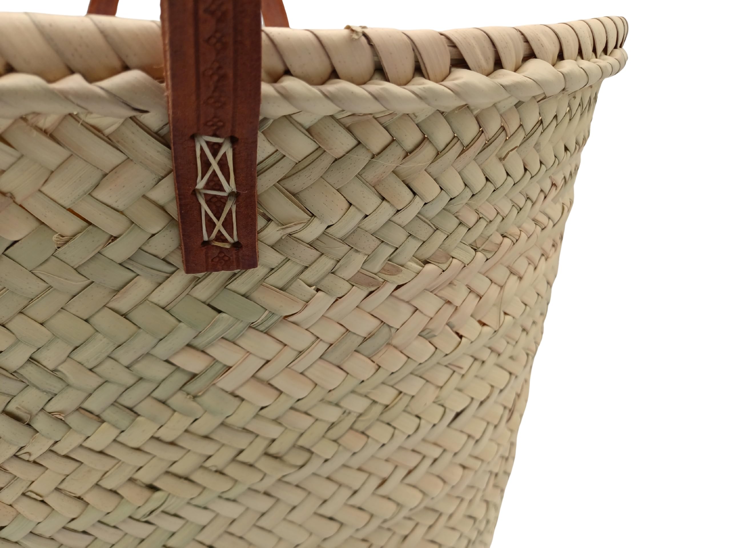 Capazo de Palma Natural con Asas de Cuero, 50x30x20cm, Beige y Marrón, Hecho a Mano en Marruecos