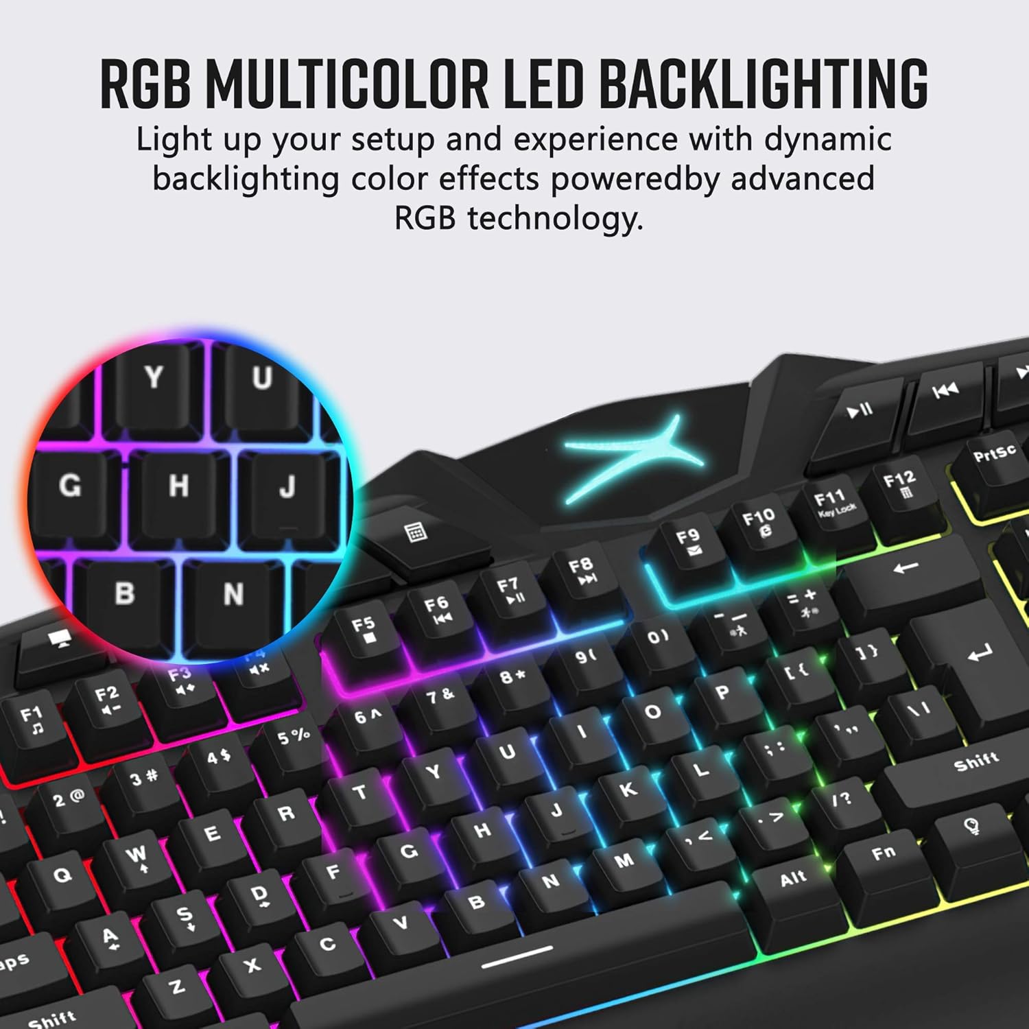 Close-up of Altec Lansing M180 RGB Gaming Keyboard keys showing vibrant multicolor LED backlighting.