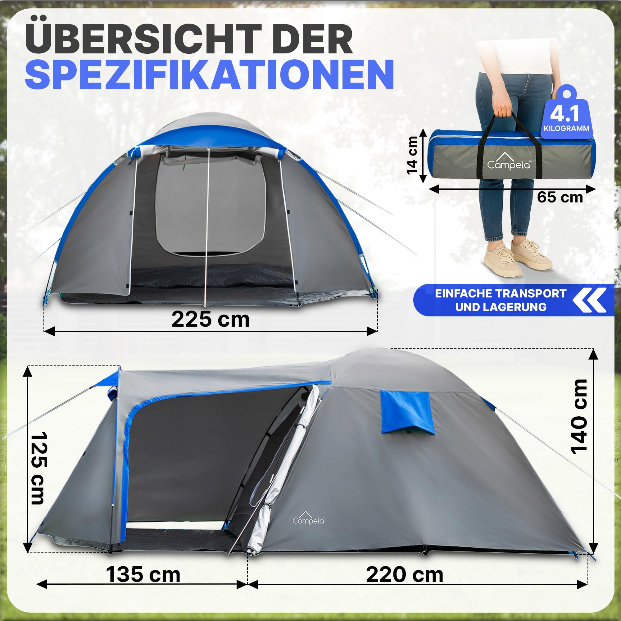Touristenzelt, Familienzelt, Tropical, für 3-4 Personen, wasserdicht 3000m, geklebte Nähte, CA0013