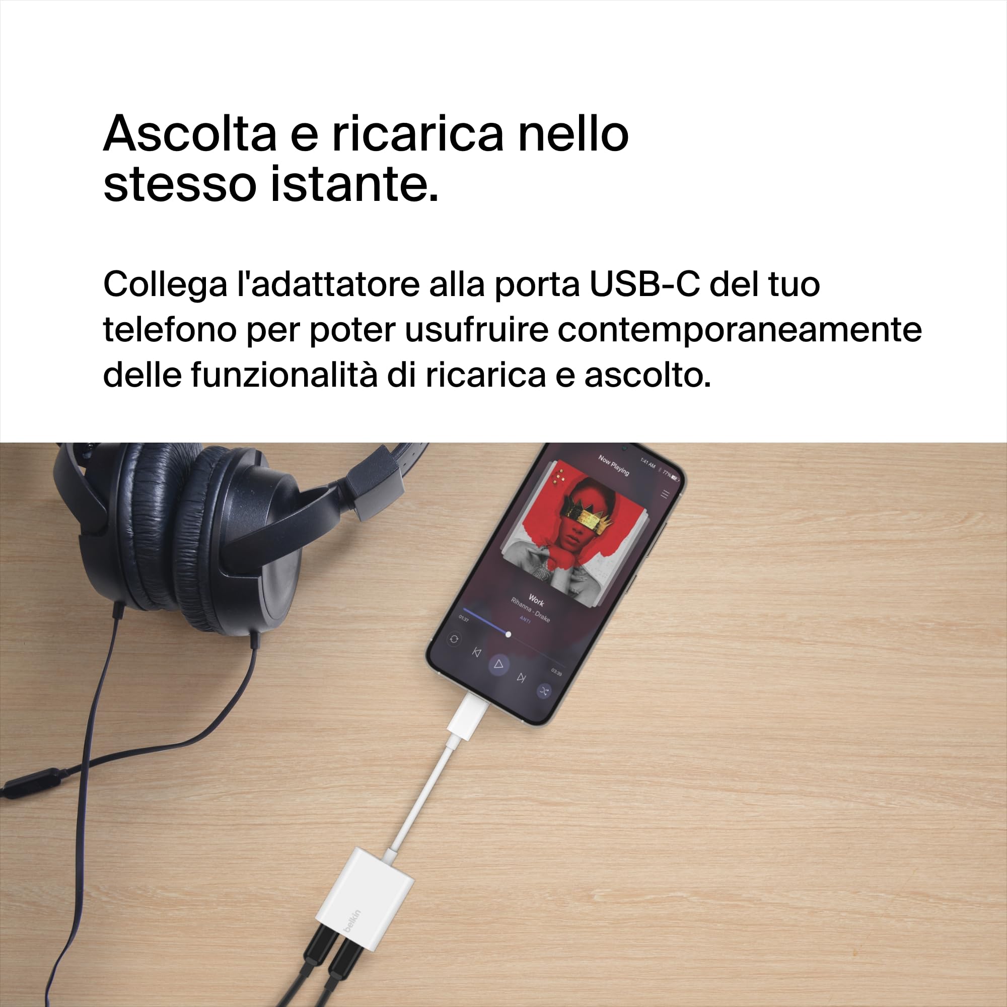 Belkin RockStar Adattatore audio + ricarica USB-C, adattatore cuffie con ricarica rapida USB-C PD 60 W per iPhone 15, iPad Pro, Galaxy, Note, Google Pixel, LG G6, Sony Xperia, OnePlus e altri - Bianco