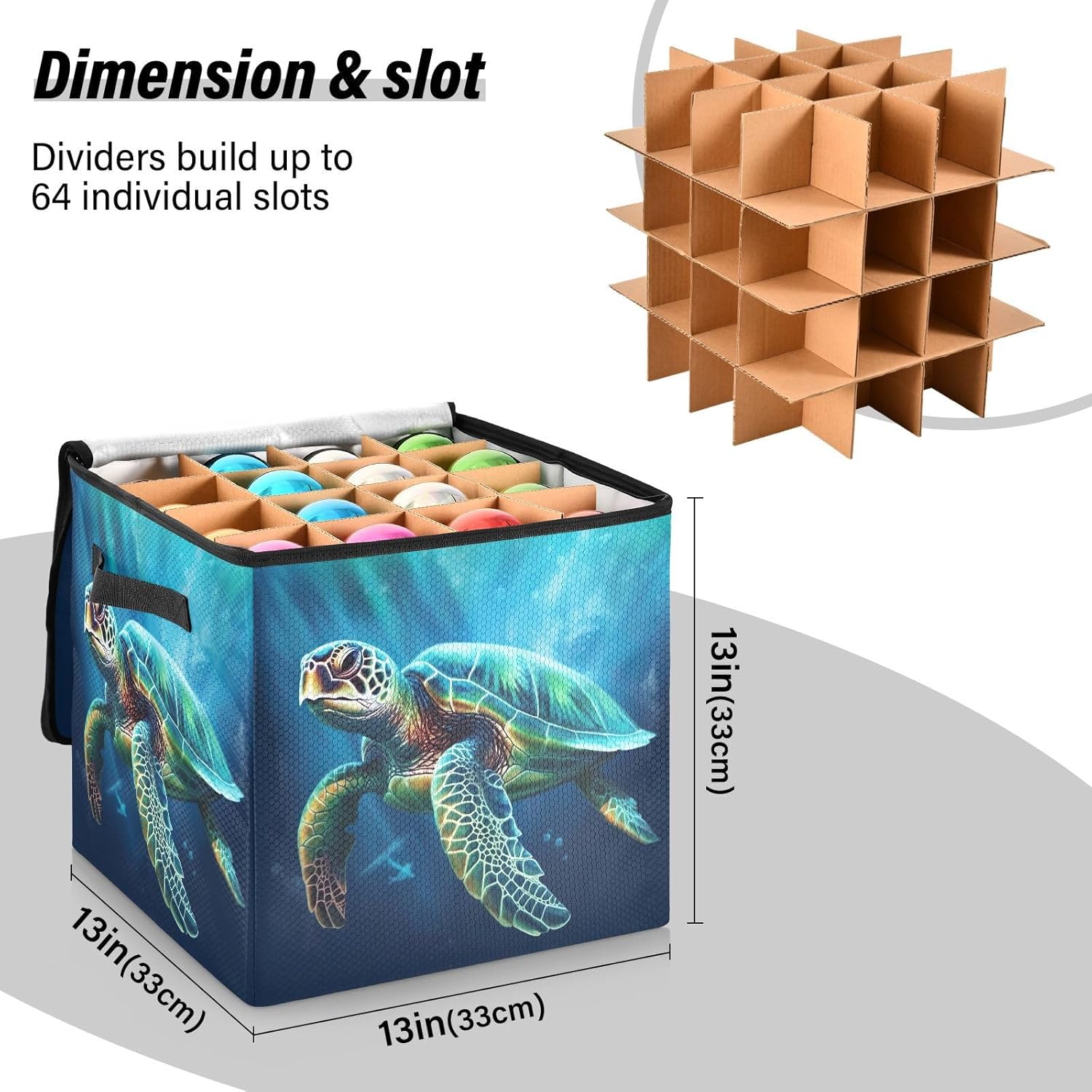 Green Sea Turtle 13 Inch Christmas Ornament Storage Box with Lid - Holiday Decor Storage Containers, Stores 64 Ornaments, 3 Inch Cube Compartments