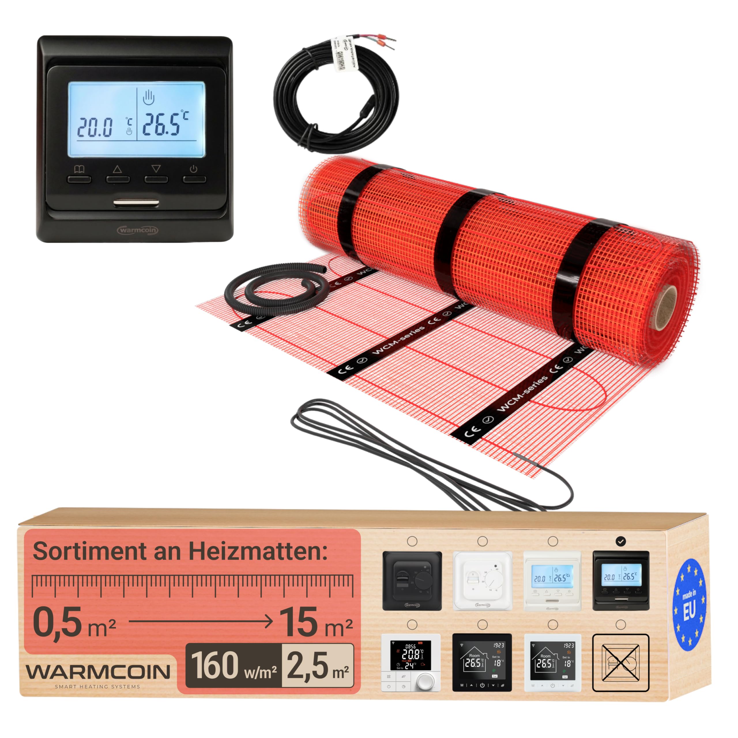 Kit Riscaldamento a Pavimento Elettrico 160W/m² – Stuoia Autoadesiva 2,5 m² (0,5x5m) – Piastrelle, Laminato, Vinile – Con Cronotermostato LCD Programmabile W51 Nero