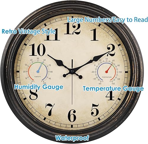 Miniatura 3 de Reloj grande de 16 pulgadas para exteriores con termómetro e higrómetro, relojes de pared impermeables para interiores y exteriores, para patio, 16