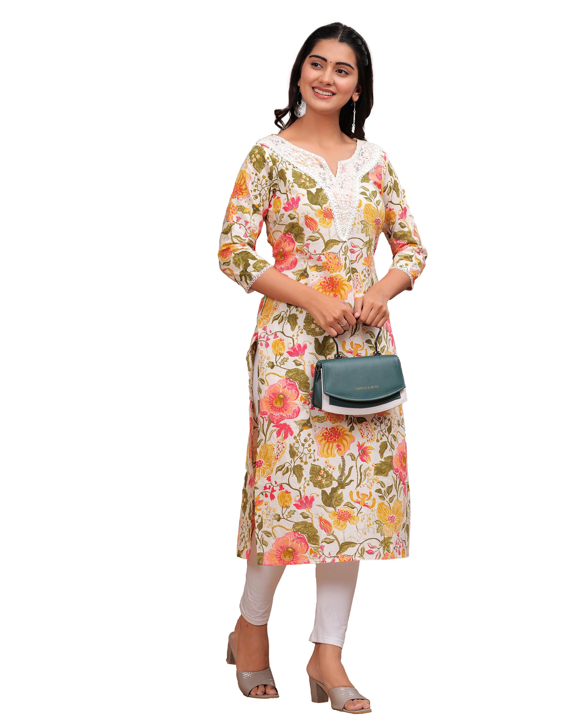 MANHAREE | Women's Cotton Printed Straight Kurta, Yellow Floral