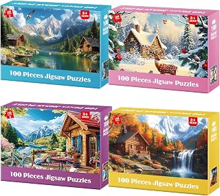 BraniacBits 4-Pack 100 Piece Large Jigsaw Puzzles - Four Seasons Scenery for Kids 4-10, Seniors, Adults - Easy Grip Educational Toys