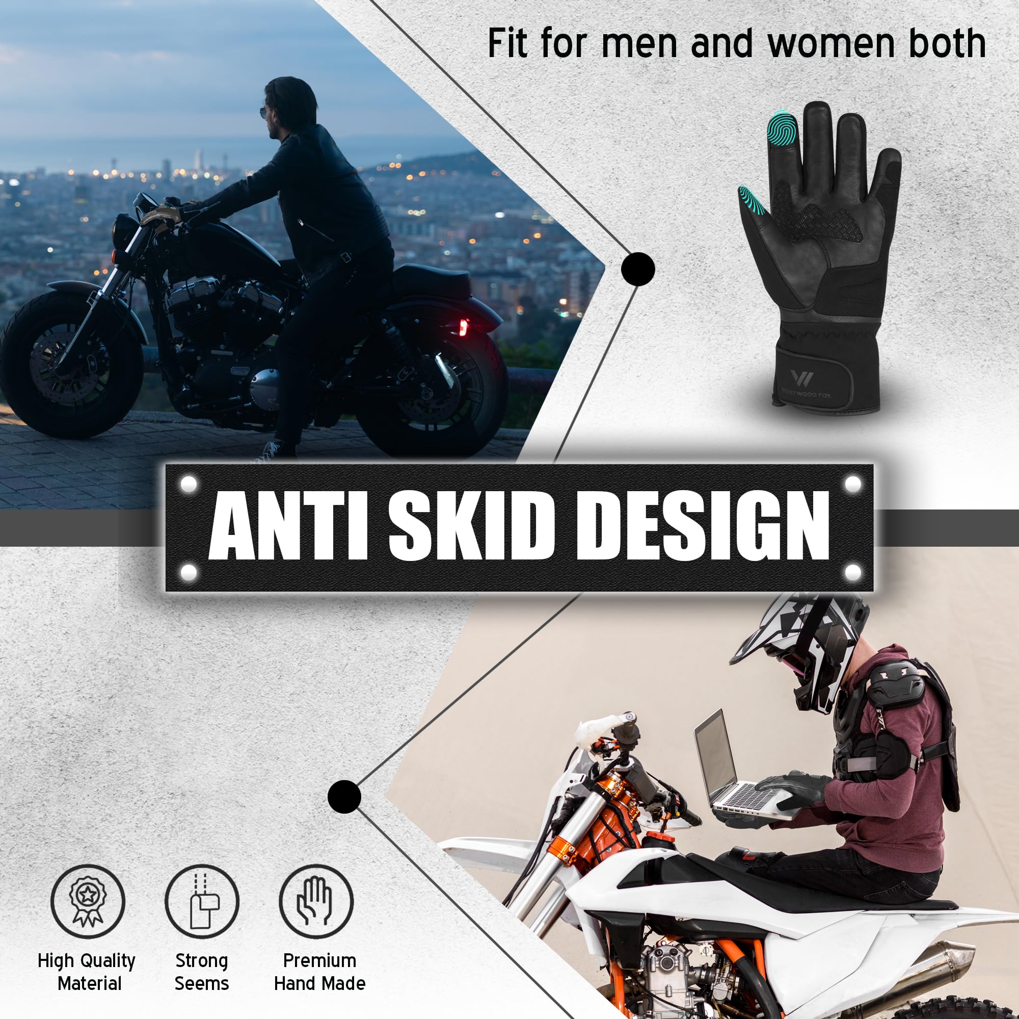 WESTWOOD FOX Rękawice motocyklowe dla mężczyzn i kobiet. Zimowe, wodoodporne, skórzane rękawice motocyklowe z termicznym ekranem dotykowym
