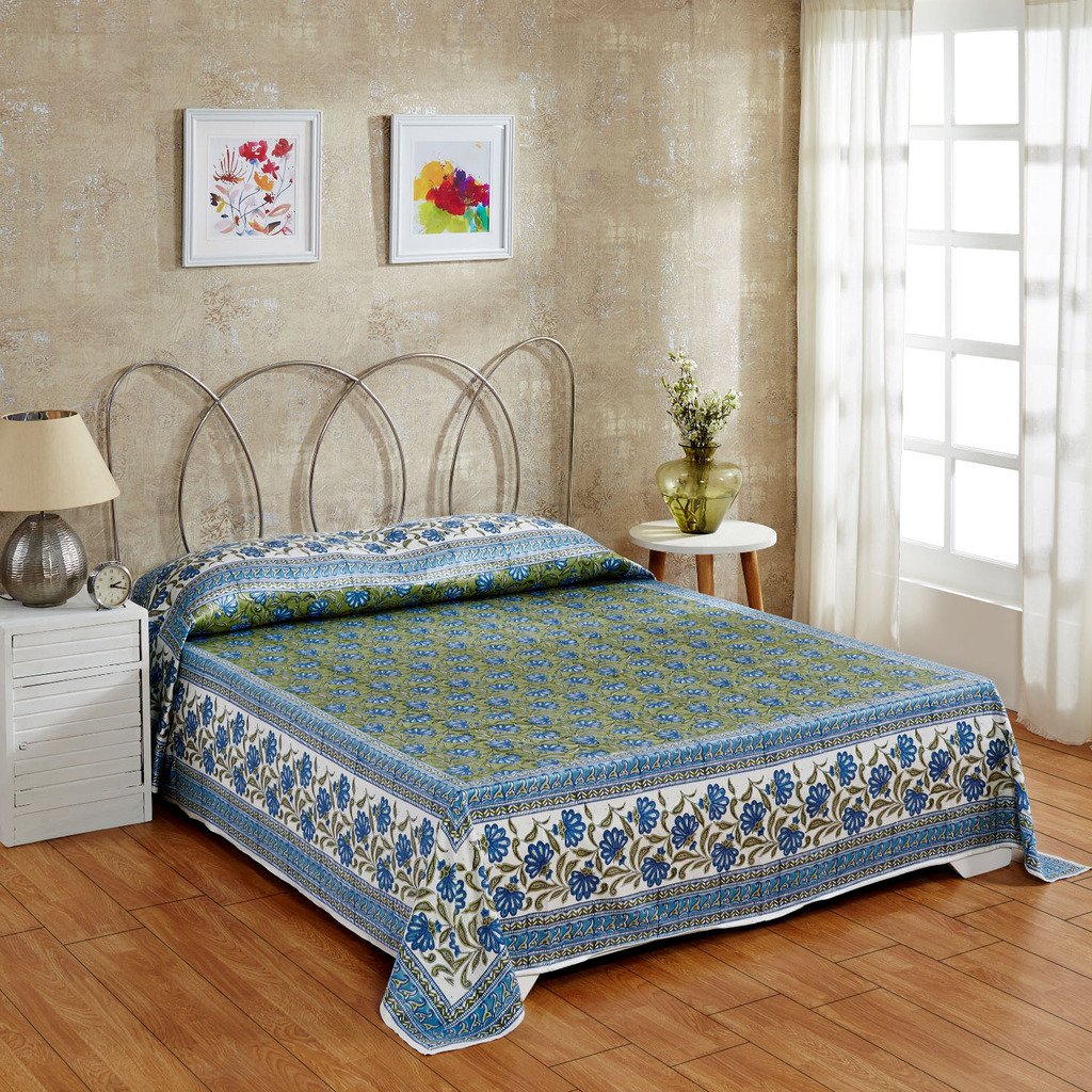 Buy Ratan Jaipur Floral Print Blue Color Glace Cotton Bed Cover Online at Low Prices in India