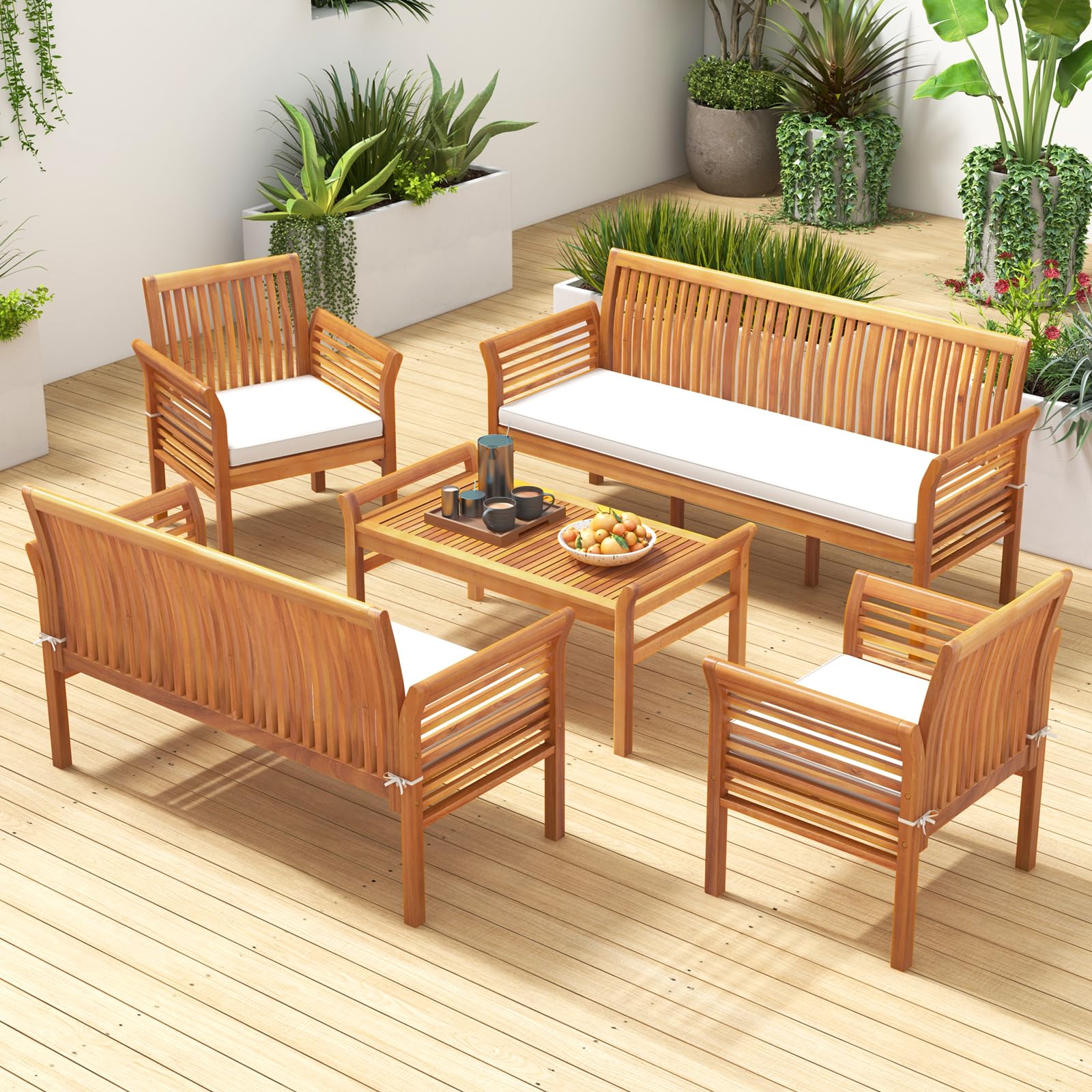 Photo 1 of ***PARTIAL SET - PRICE ADJUSTED***Tangkula 5 Pieces Acacia Wood Patio Furniture Set, Wood Outdoor Conversation Set with 3-Seat Bench, Loveseat, 2 Armchairs & Coffee Table, Cushioned Outdoor Sofa Set for Poolside, Porch, Balcony