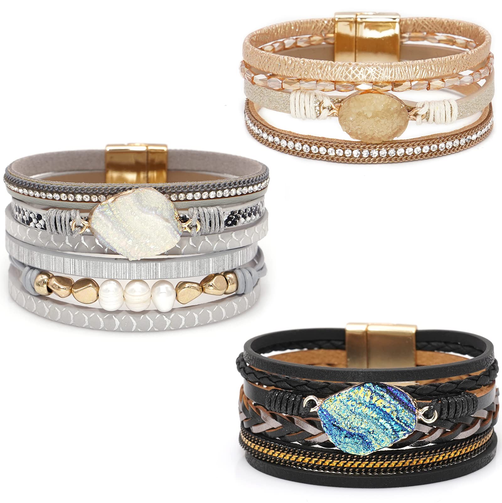 WovanooLeather Cuff Bracelet Set 3Pack Multilayer Wrap Bracelet Set Magnetic Clasp Bracelet Braided Wristbands Jewelry for Women Girls, leather