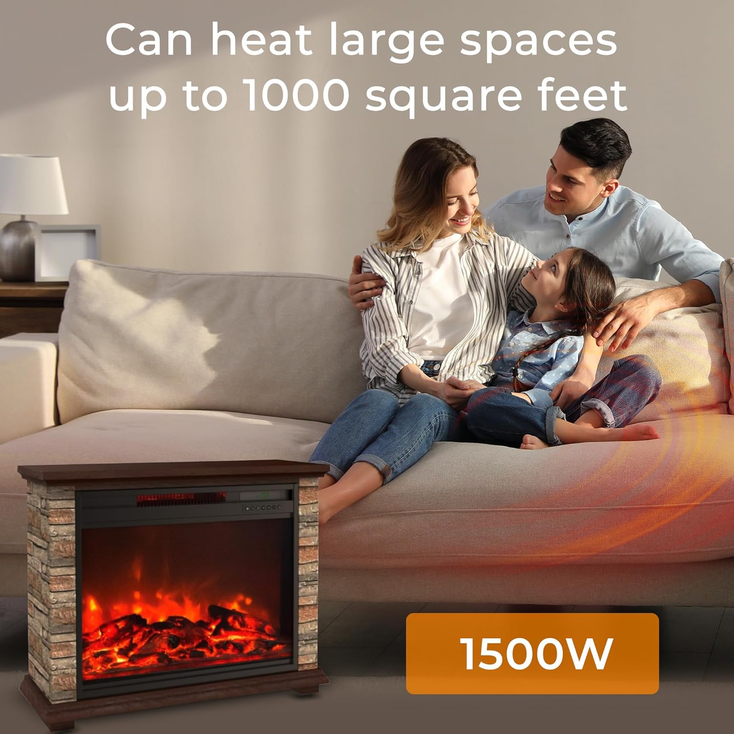 LifeSmart Electric Fireplace Heater w/ 3 Heating Elements, 1500W, Faux Stone & Oak Wood - Mounted Indoor Infrared Heater for Home, Bedroom, and Living Room