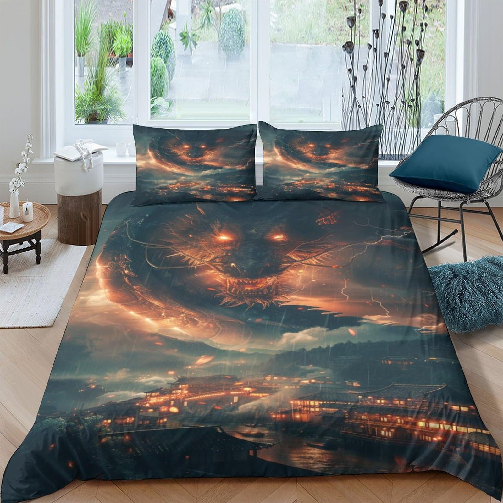 NRAOPEVVD Evil Dragon Duvet Cover 3 PCS Hotel Quality Quilt Cover Bedding Bed Covers with Pillowcases with Zipper Closure Breathable Stylish Comforter Double（200x200cm）