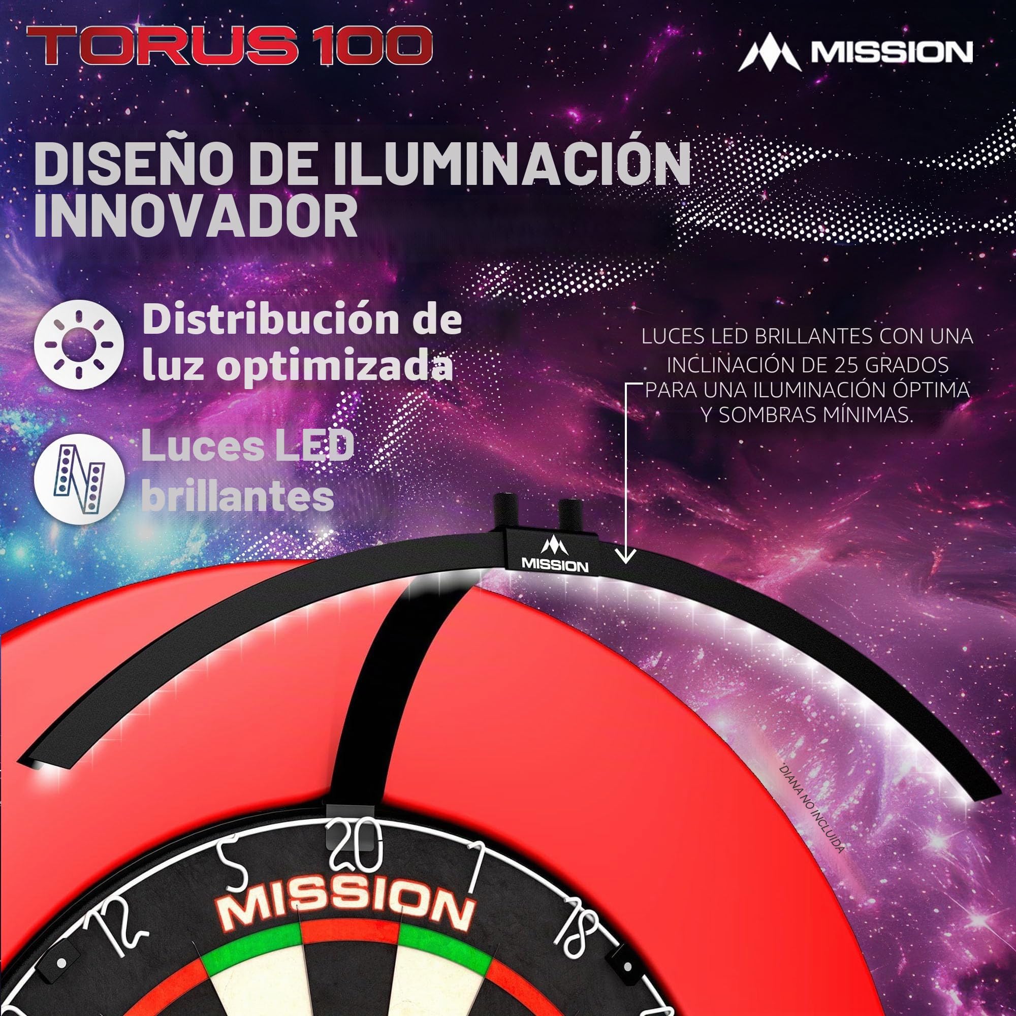 Mission Darts TOR100 Torus 100 | Tablero de Dardos LED Plegable portátil Sistema de iluminación de Viaje