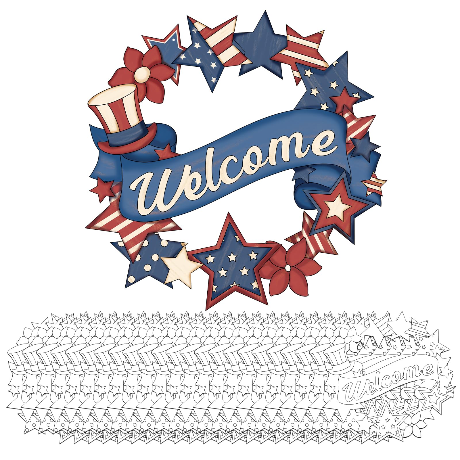 Hedeey 24 Pcs 4th of July Coloring Wreath Crafts, Color Your Own Star Crafts, DIY Paper Wreath for Classroom Activities Veterans Day Games. (Star 24)
