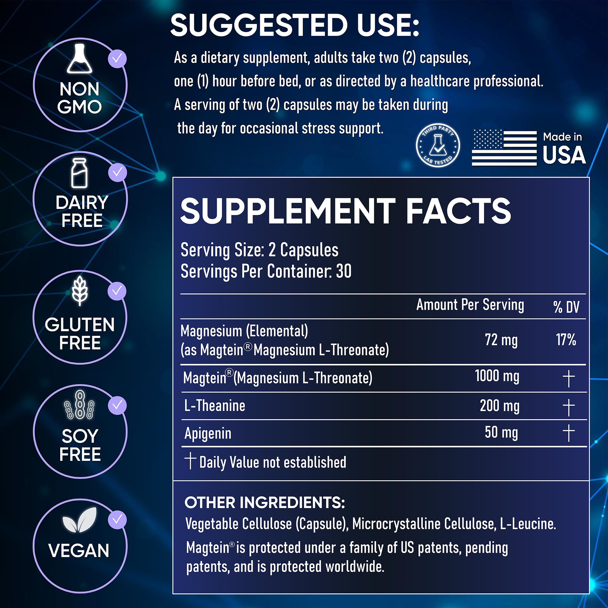 Clinically Studied – Premium High Absorption Magnesium Sleep Supplement – Magnesium L-Threonate L-Theanine Apigenin – Sleep & Stress Support – Third Party Tested – Made in USA – Gluten Free — Amazon image 3