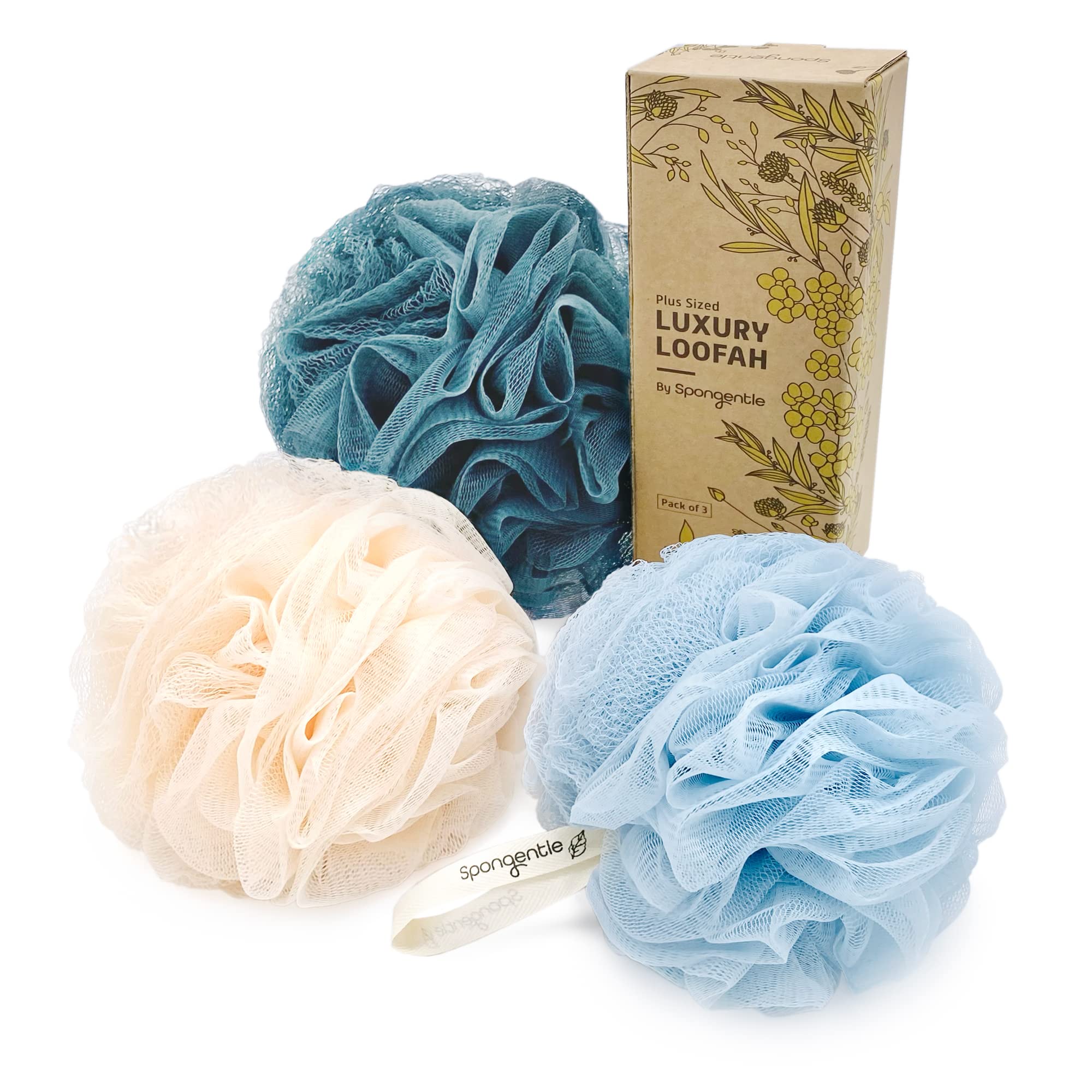 Spongentle Dual Texture Loofah Sponge Large 70g, Pack of 3 Vacuum Sealed, Exfoliating Body Scrubber, Bath and Shower, Beautiful Colors for Women and Men