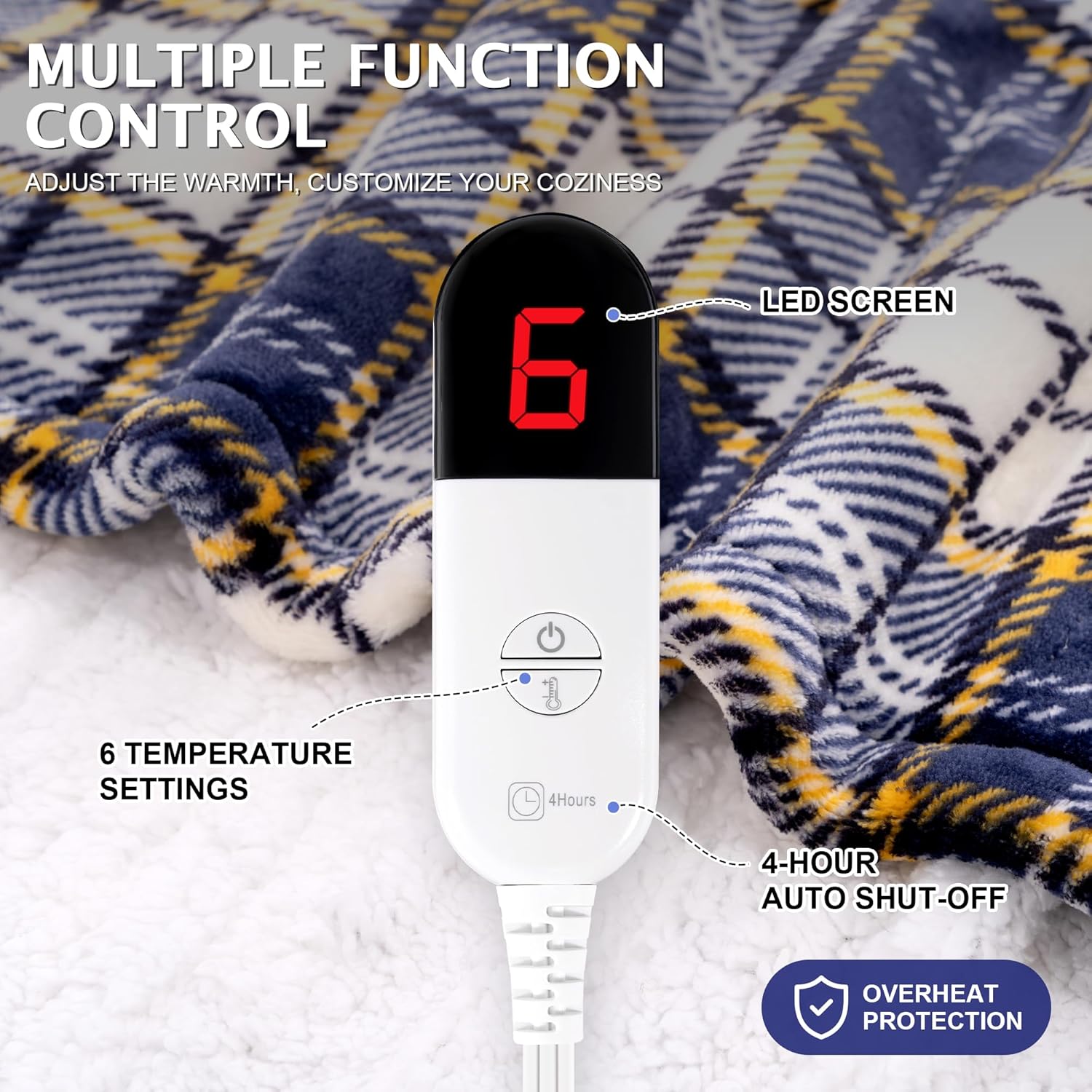 Electric Blanket Wearable Heated Shawl with Hood & Pockets – 6 Heat Levels, 4H Auto-Off, Reversible Flannel & Sherpa, Cozy Plaid Heated Throw for Home, Couch, or Gift, 40"x70", Navy Beige - Image 2