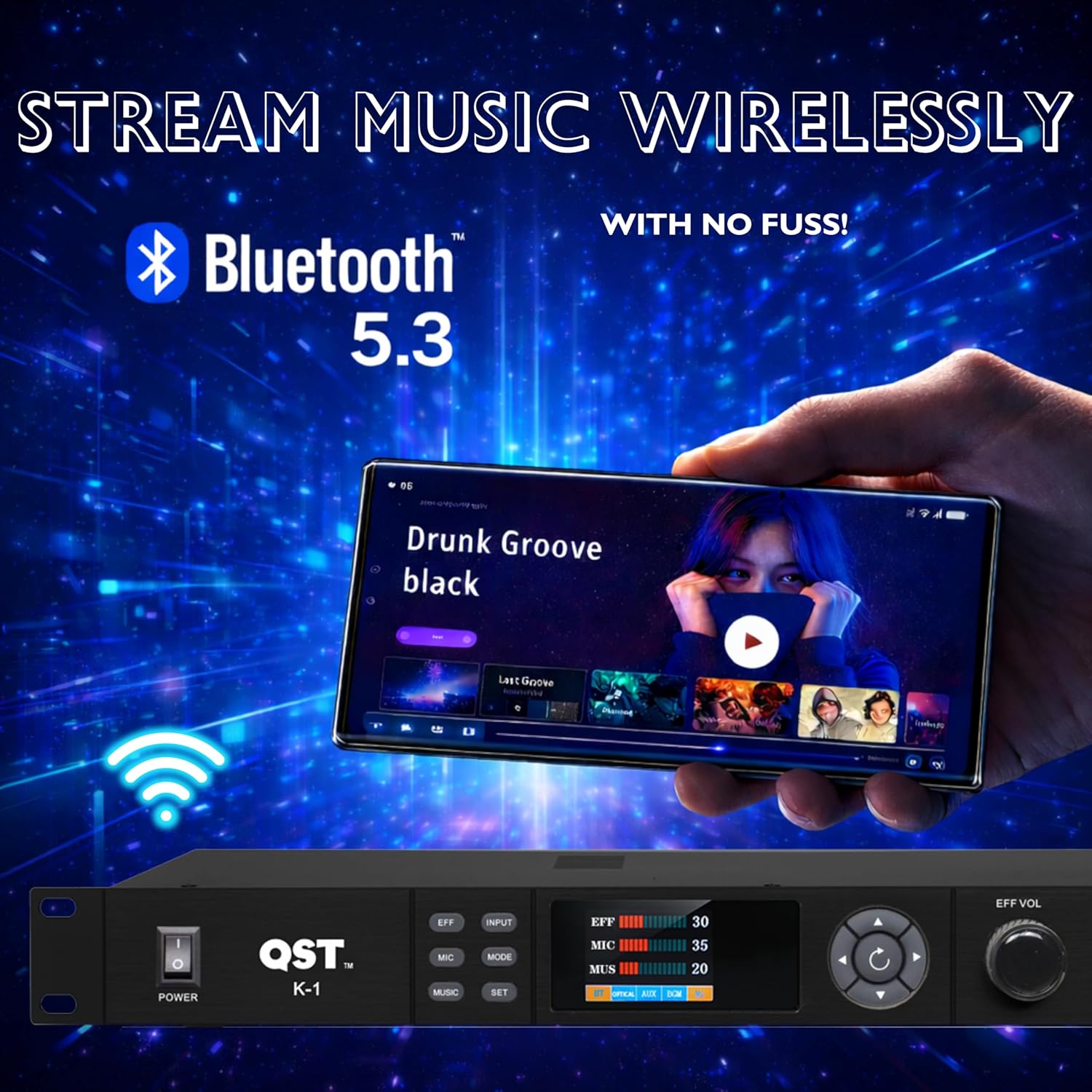 QST K-1 Professional KTV microphone Digital Preamp Effector Anti-feedback Audio Processor Bluetooth Optical,with Remote Control,For Household karaoke Reverberator,Stage,Church, Performance,Wedd