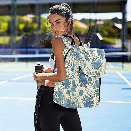 Miniatura 7 de Tennis Racquet Ball Bag Cute Sturdy Vintage Style Floral Pattern Blue Roses Gym Bags Travel Backpack for Teen Boys Girls Men Women bolso para raqueta