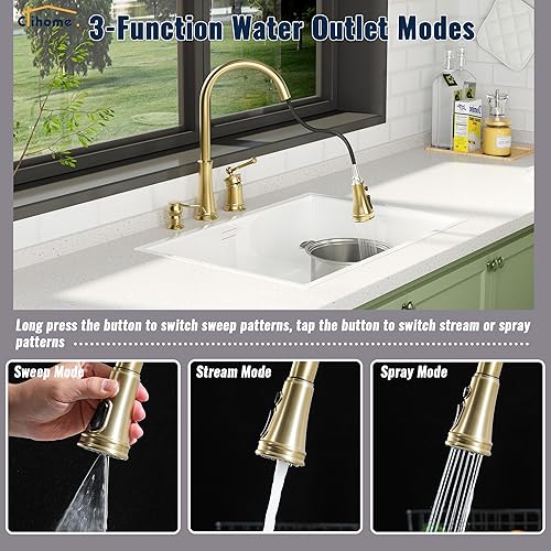 Miniatura 6 de Grifo de fregadero de cocina de 3 agujeros con rociador extraíble, grifo de cocina extraíble dorado cepillado con mango lateral único con