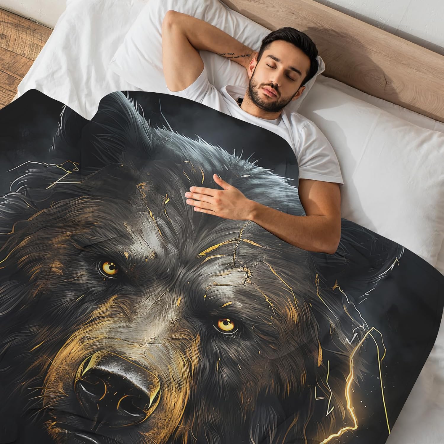 Huke Bear Gifts Blanket, Cool Black Gold Fire Lightning Bear Blanket, Bear Gifts for Adults/Kids/Students, Cool Animal Print Throw Blanket, Plush Bear Throw Blanket,60"X50" - Image 5
