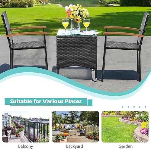 Miniatura 8 de Juego de 4 sillas de mimbre de polietileno, sillas de mimbre para patio con respaldo alto para todo tipo de clima, con reposabrazos con tapa de