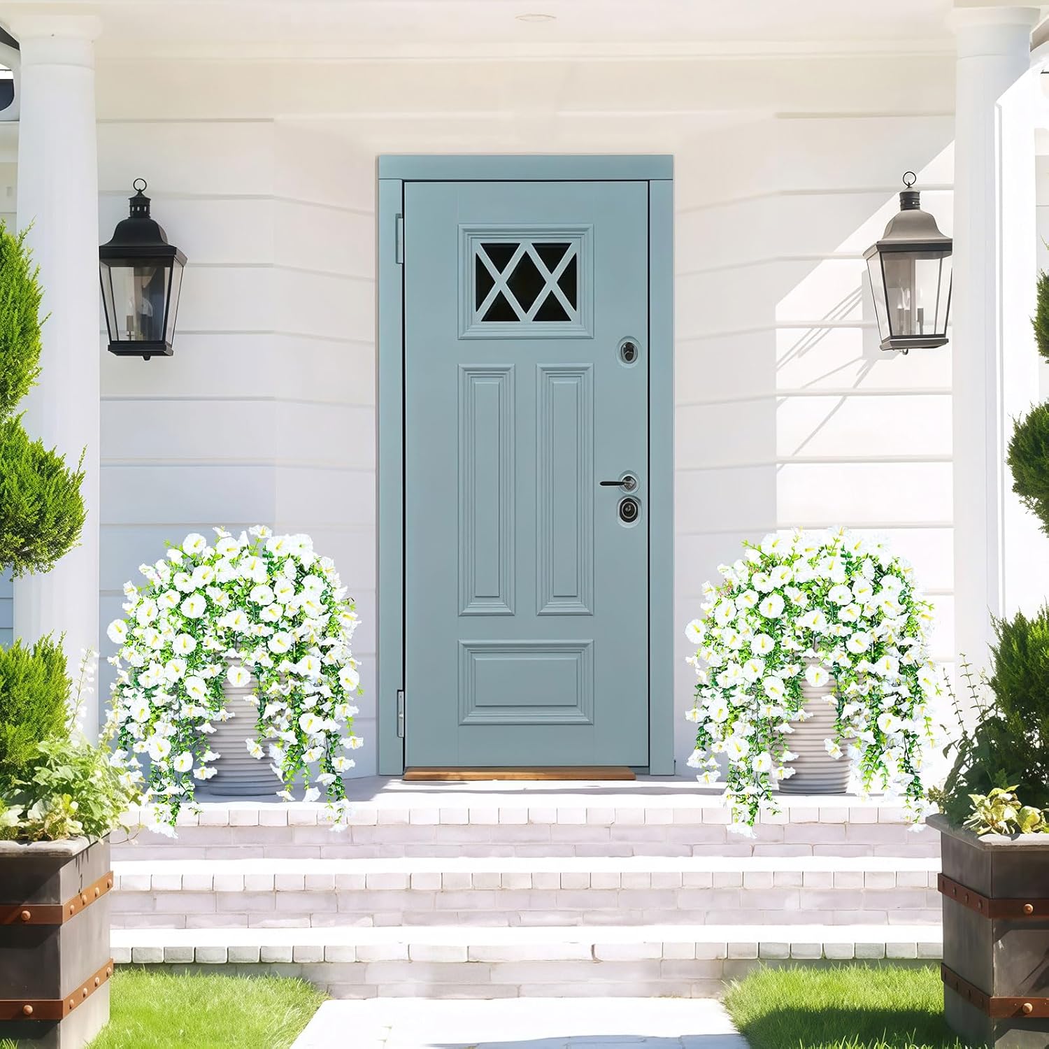 ICX 4PCS Artificial Hanging Flowers for Outdoors,Silk Morning Glory UV Resistant Fake Hanging Flowers,Artificial Flowers for Decoration,Outdoor Faux Plants for Door Porch Patio Planter Yard(White) - Image 5