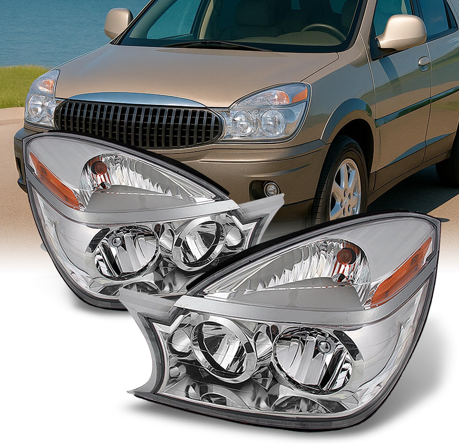 AKKON - For 2002-2007 Buick Rendezvous OE Replacement Amber Chrome Headlights Driver/Passenger Head Lamps Pair