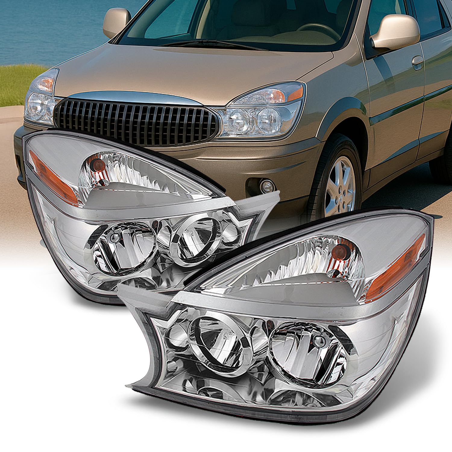 AKKON - For 2002-2007 Buick Rendezvous OE Replacement Amber Chrome Headlights Driver/Passenger Head Lamps Pair