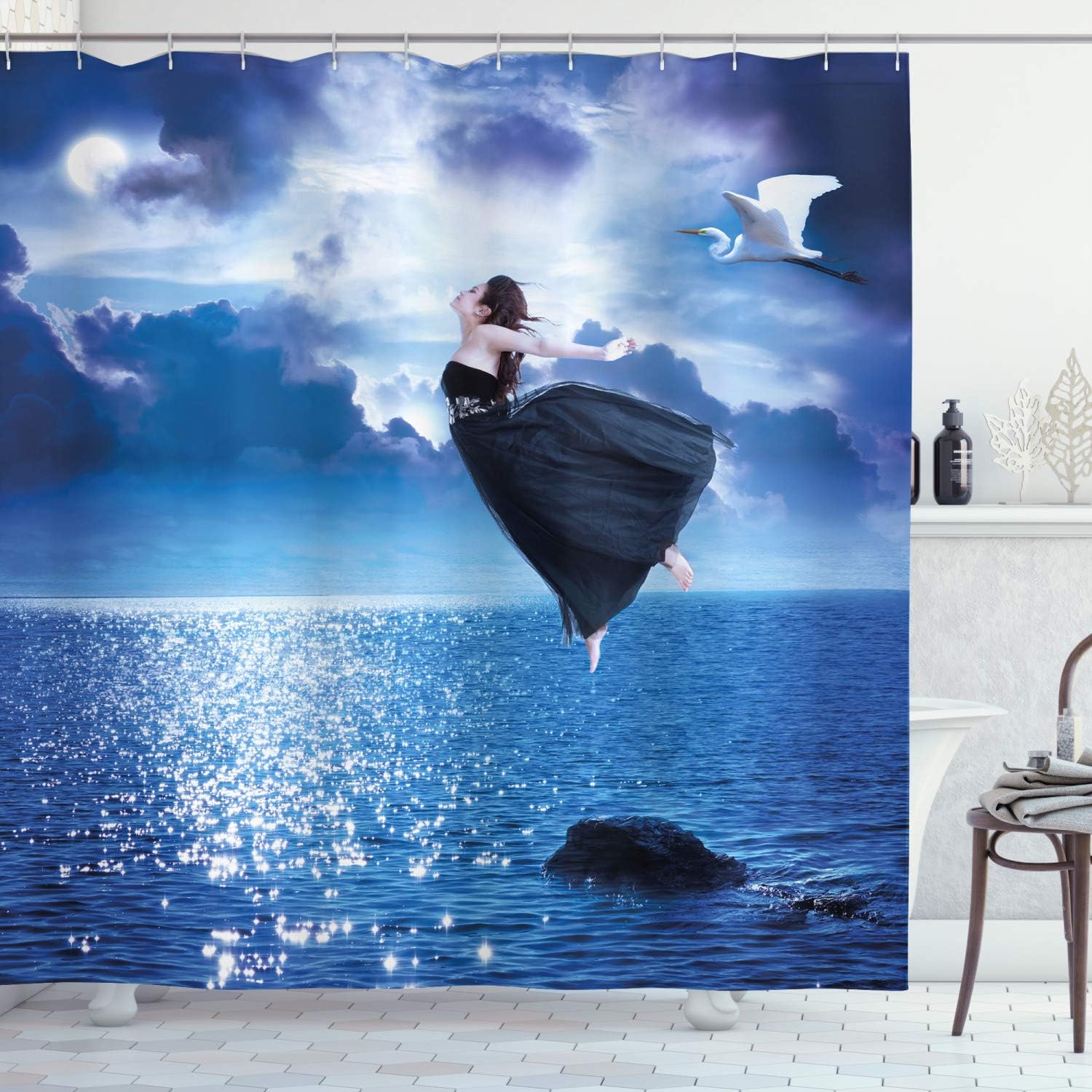 Ambesonne Modern Shower Curtain, Oceanic Sea Life Surreal Art Work of a Flying Girl Image, Cloth Fabric Bathroom Decor Set with Hooks, 69" W x 70" L, Turquoise Blue
