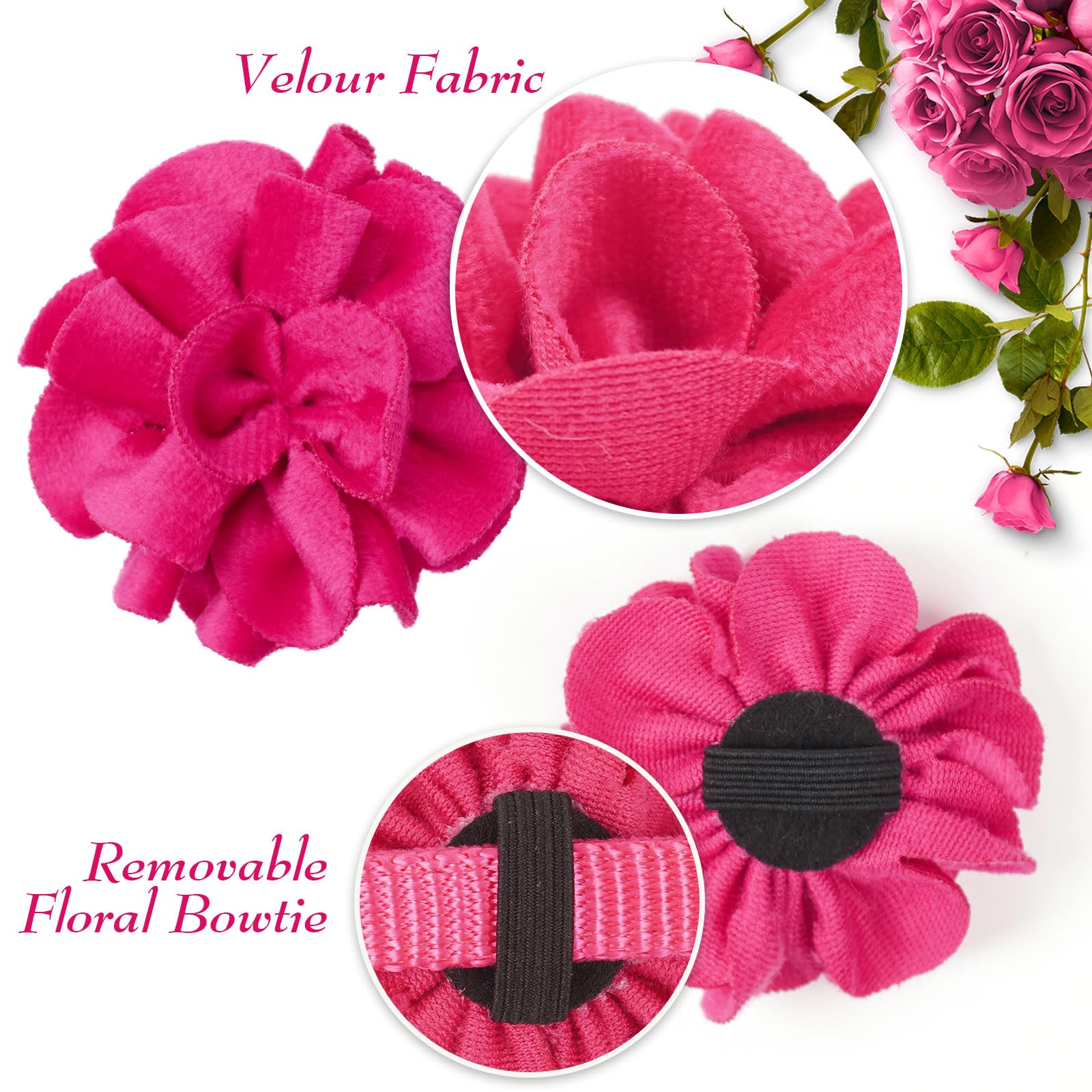 azuza Paquete de 2 collares de gato florales con campana y pajarita de flores extraíbles, tela de terciopelo ajustable, collar de gato para mascotas, fiesta de vacaciones y decoración diaria, rosa