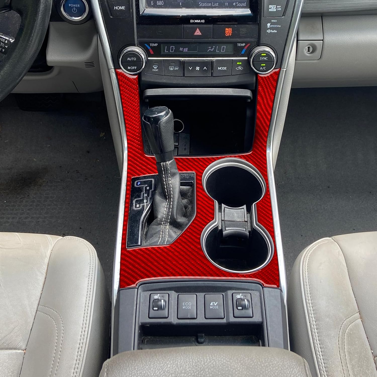 Real Quality Soft Carbon Fiber Car Center Control Gear Shift Water Cup Holder Panel Decal Cover Interior Trim Premium Sticker Accessories Compatible with Toyota Camry 2015-2017 Red