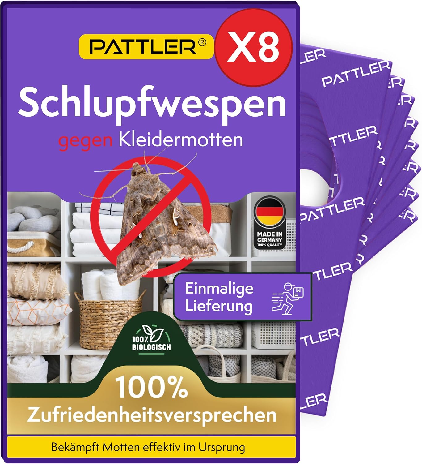 (-44%) PATTLER® Schlupfwespen gegen Kleidermotten – 8 Karten à 1 Lieferung – Kleidermotten bekämpfen ohne Chemie – Alternative zur Mottenfalle, Mottenspray & Pheromonfalle