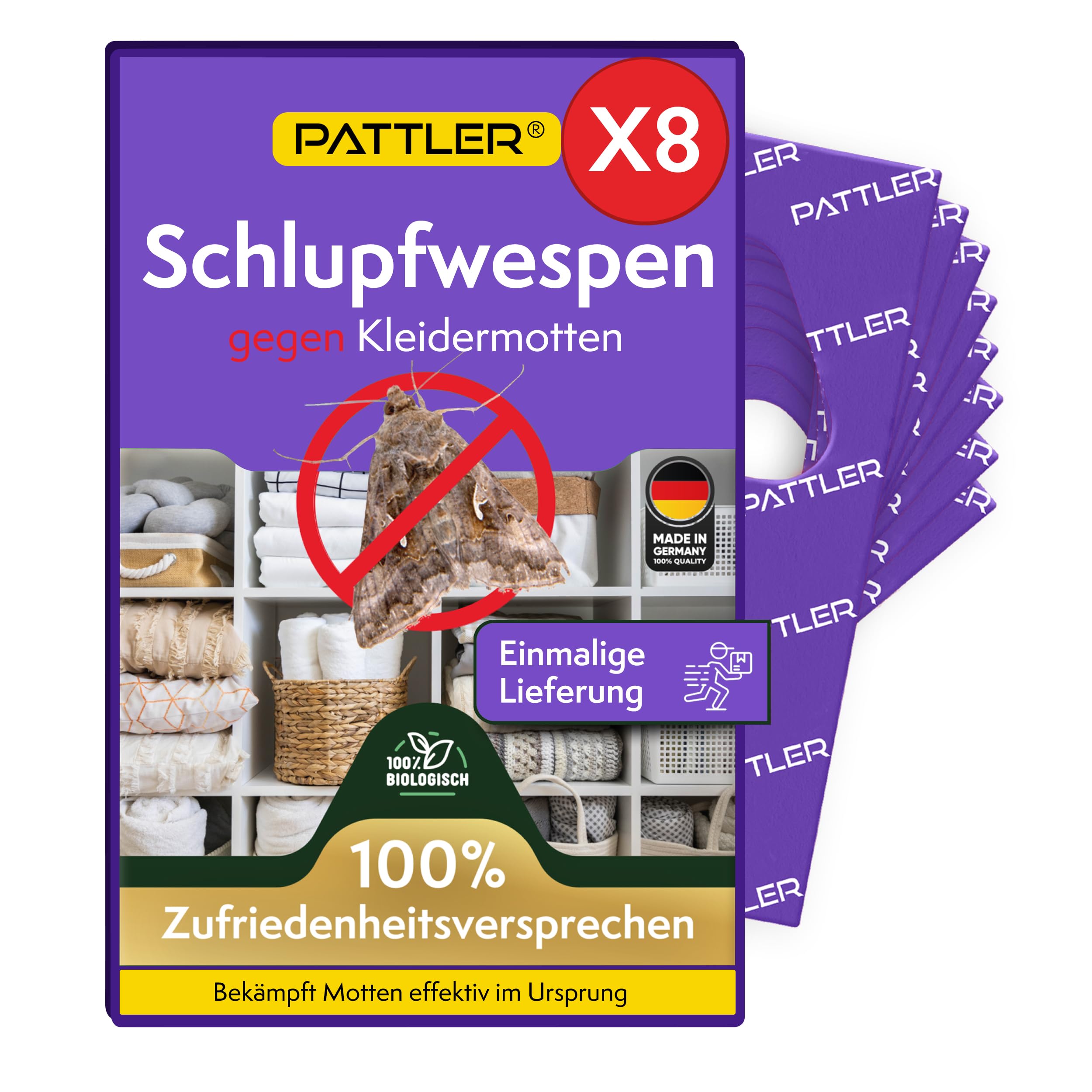 PATTLER® Schlupfwespen gegen Kleidermotten - 8 Karten à 1 Lieferung - Effektiv Kleider Motten bekämpfen - Alternative zur Mottenfalle, Mottenspray, Pheromonfalle (8 Karten à 1 Lieferung)