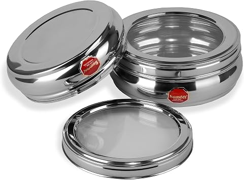 Sumeet Stainless Steel Belly Shape Flat Canisters/Puri Dabba/Storage Containers Set of 2Pcs With See Through Lid (No. 10 & No.11) (17.1cm & 18.4cm Dia) (1.1Ltr & 1.5 Ltr Capacity)