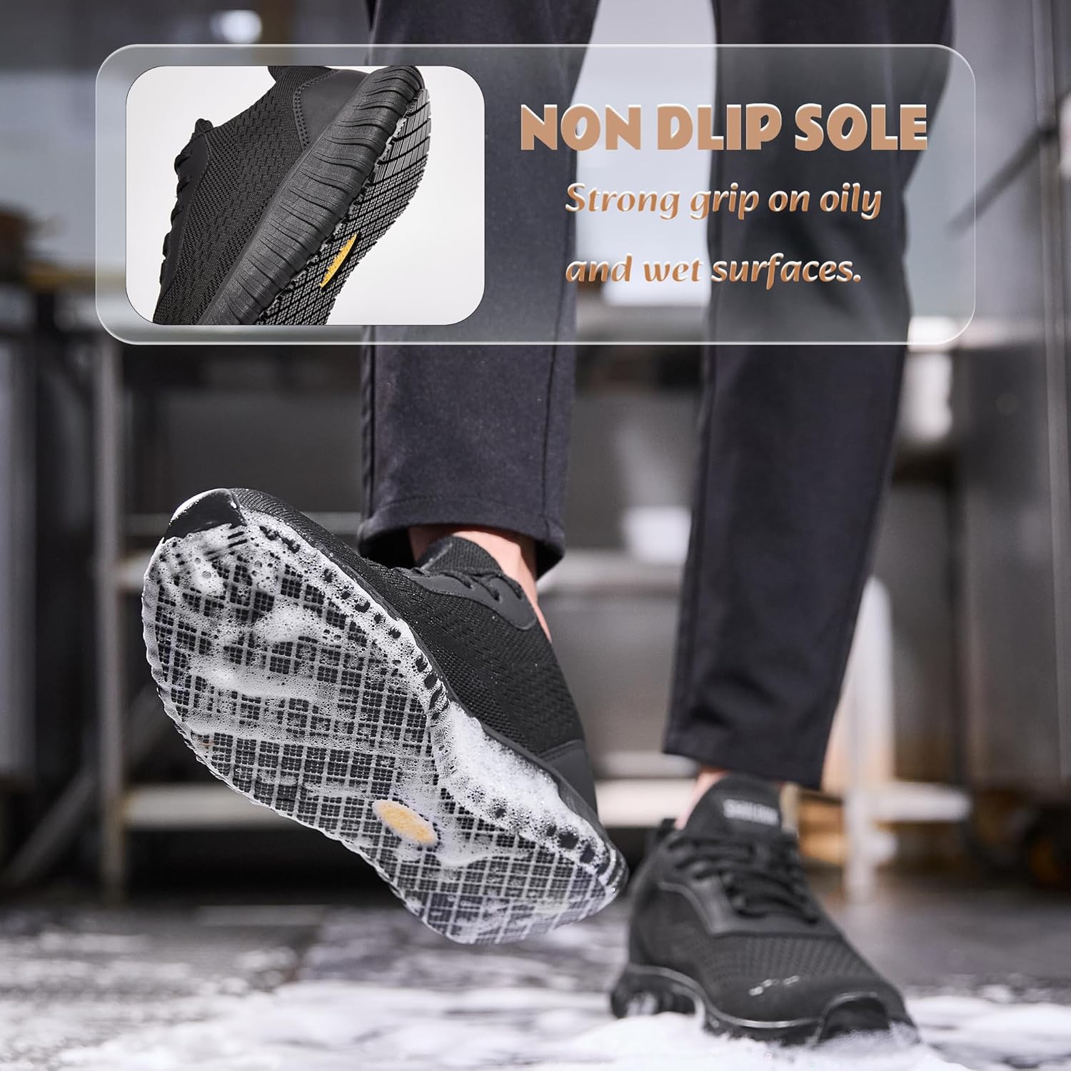 SHULOOK Non Slip Work Shoes for Men Slip Resistant Food Service Kitchen Chef Restaurant Nurse Work Sneakers Lace Up Mesh Comfortable & Casual Walking Shoes Black - Image 4