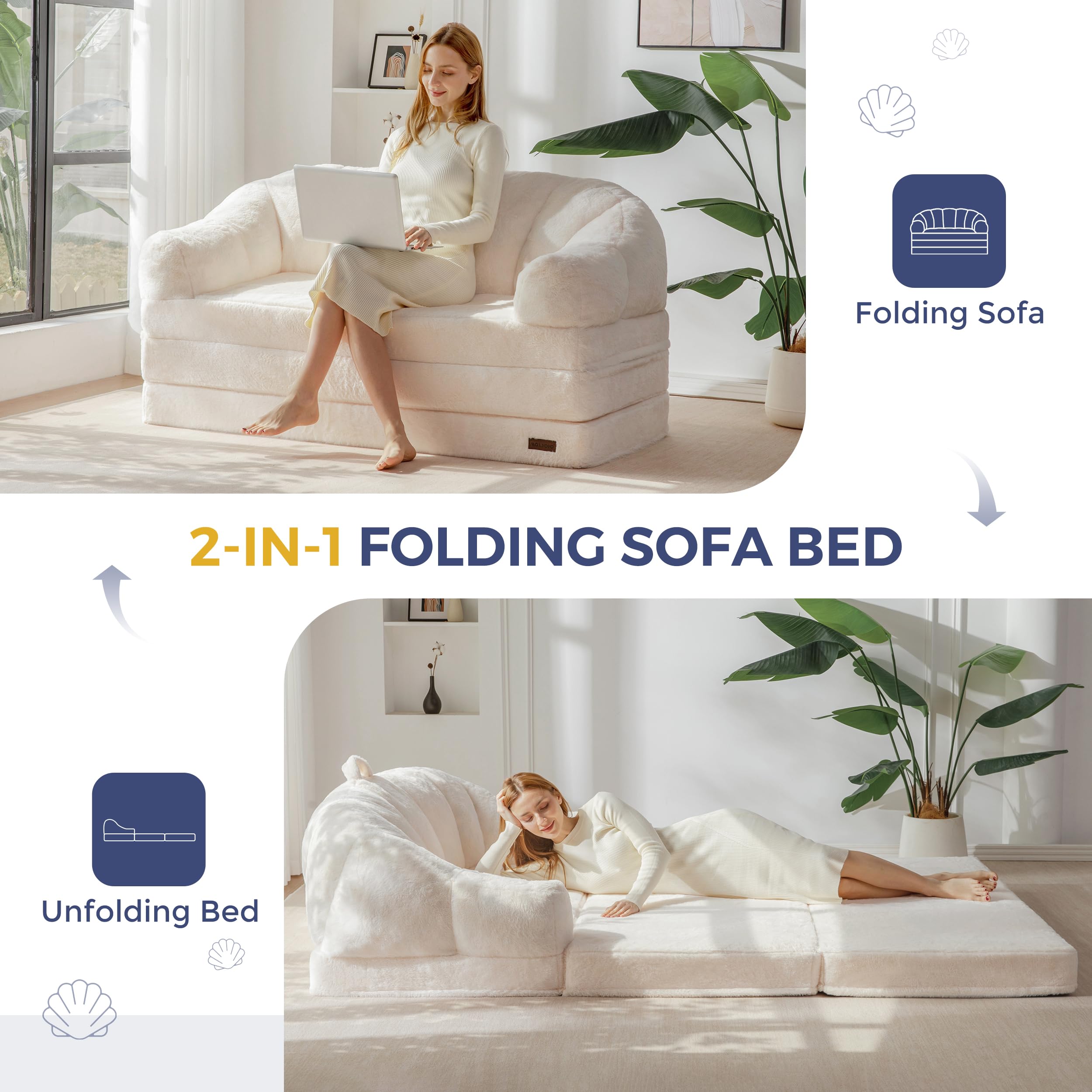 MAXYOYO Folding Sofa Bed, 2 in 1 Convertible Sofa to Lounger | Comfy Loveseat Bean Bag Chair for Adults, Floor Couch with Handle, Faux Fur Couch Bed for Living Room Bedroom, Beige