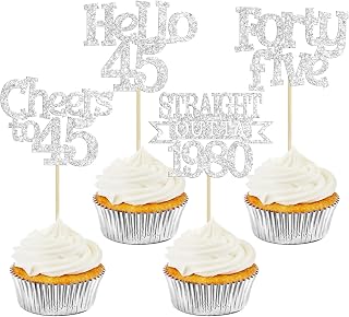 Ephlyn 24Pcs 45th Birthday Cupcake Toppers Glitter Straight Outta 1980 Cupcake Picks Hello 45 Cheers to 45 Years Cake Decorations for 45th Birthday Anniversary Party Decorations Supplies Silver
