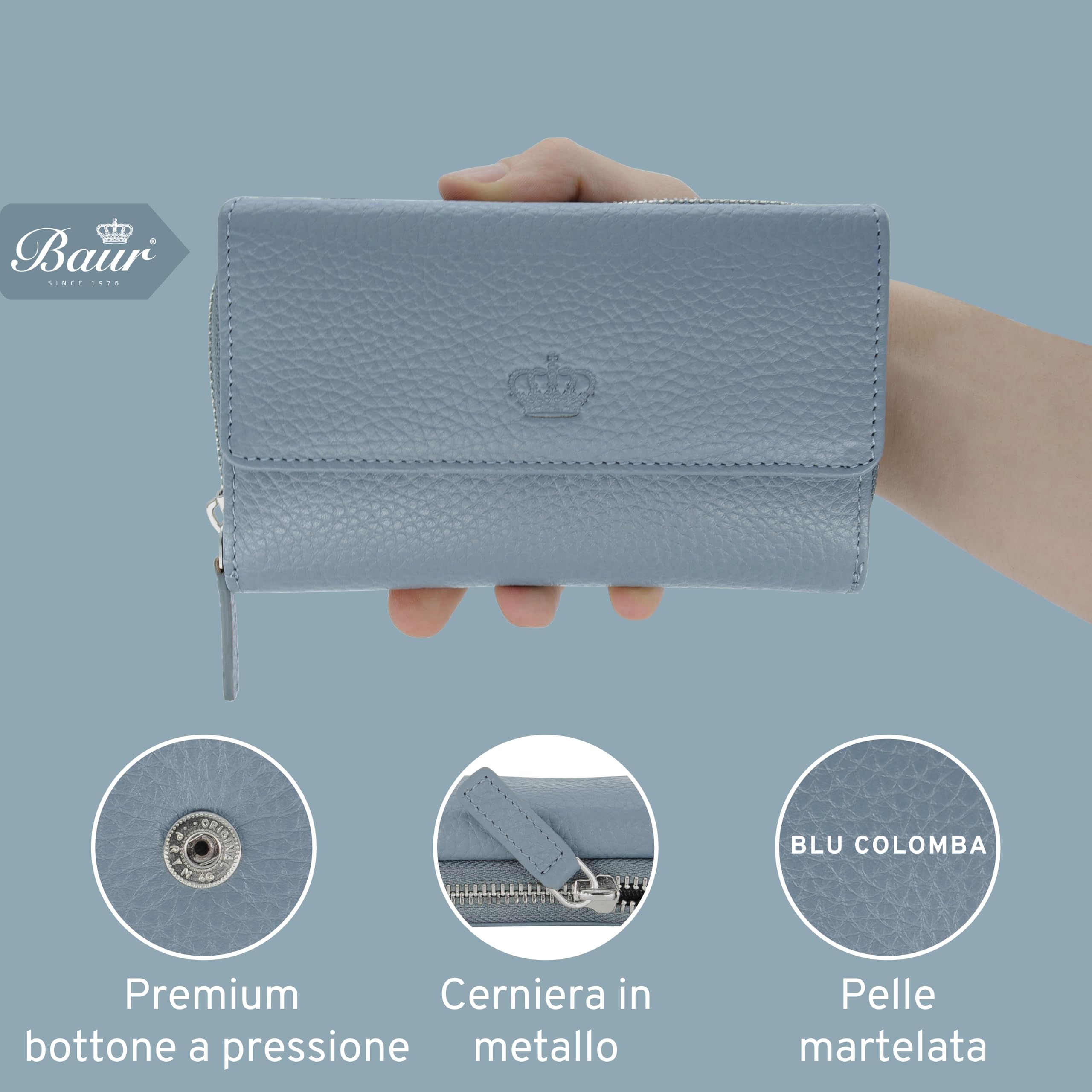 Baur portafoglio da donna – vera pelle con protezione RFID – portafoglio grande con 14 scomparti per carte – chiusura a bottone a pressione & tasca portamonete con cerniera (Blu colomba)